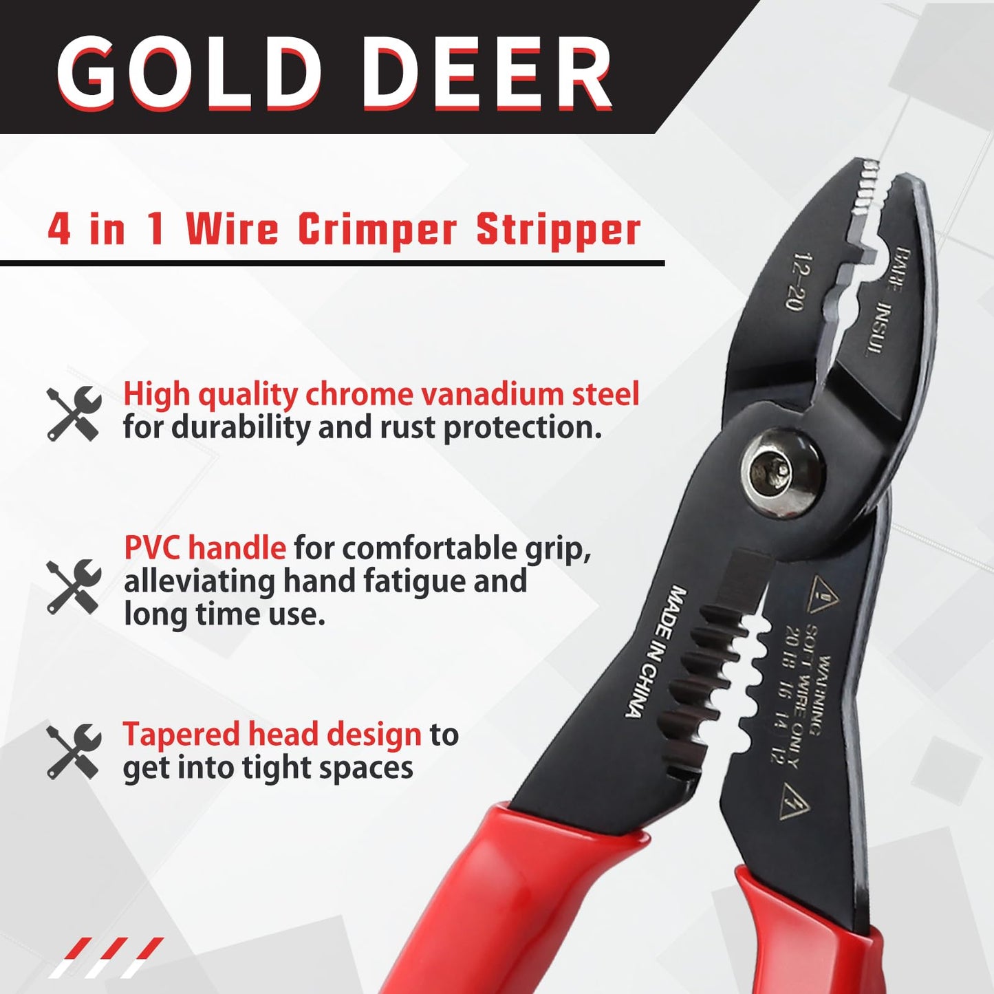 GOLD DEER 4 in 1 Wire Crimper Stripper 7 Inches Compact Wire Stripper Multi Purpose Electricians Pliers Professional Electrical Cable Stripping Crimping Tool 12-20 AWG Wire for Household Industrial