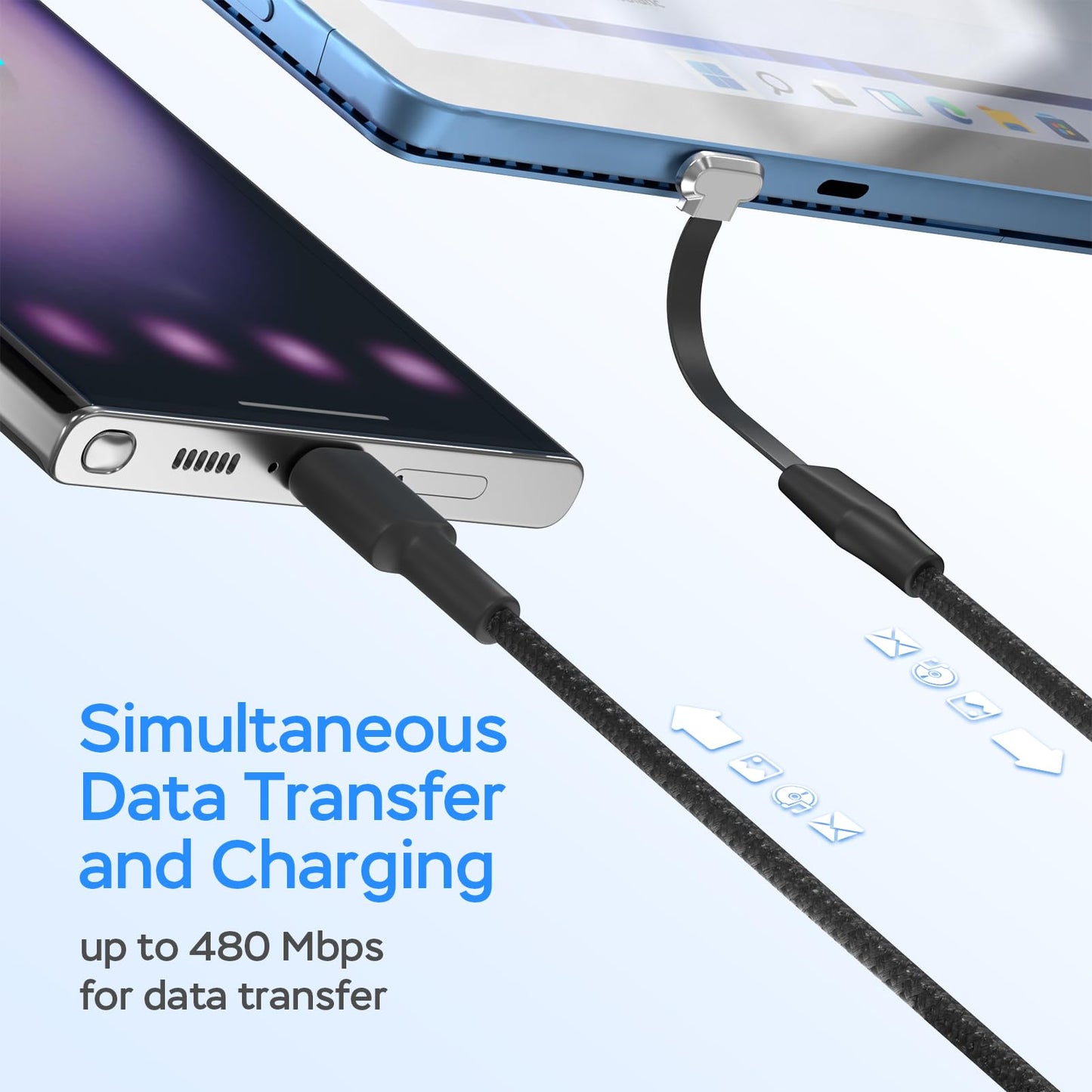 USB C Charger Cable, 60W 6ft Type C Charging Cable, Flat 90-Degree C-Port, High-Speed Data Transfer Compatible with Samsung S23/S22/S21, iPhone 15 Pro/Pro Max, MacBook Air/Pro, etc.