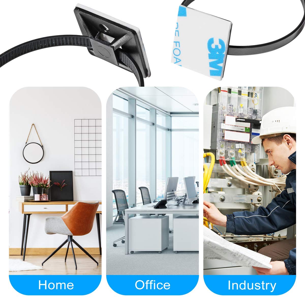 3/4" 3M Back-Glue Self Adhesive White Strong Cable Zip Tie Mounts 100pcs with 8" Ties, Screws, Outdoor Sticky Wire Fasteners Cable Clips Management Anchors Organizer Holders Squares