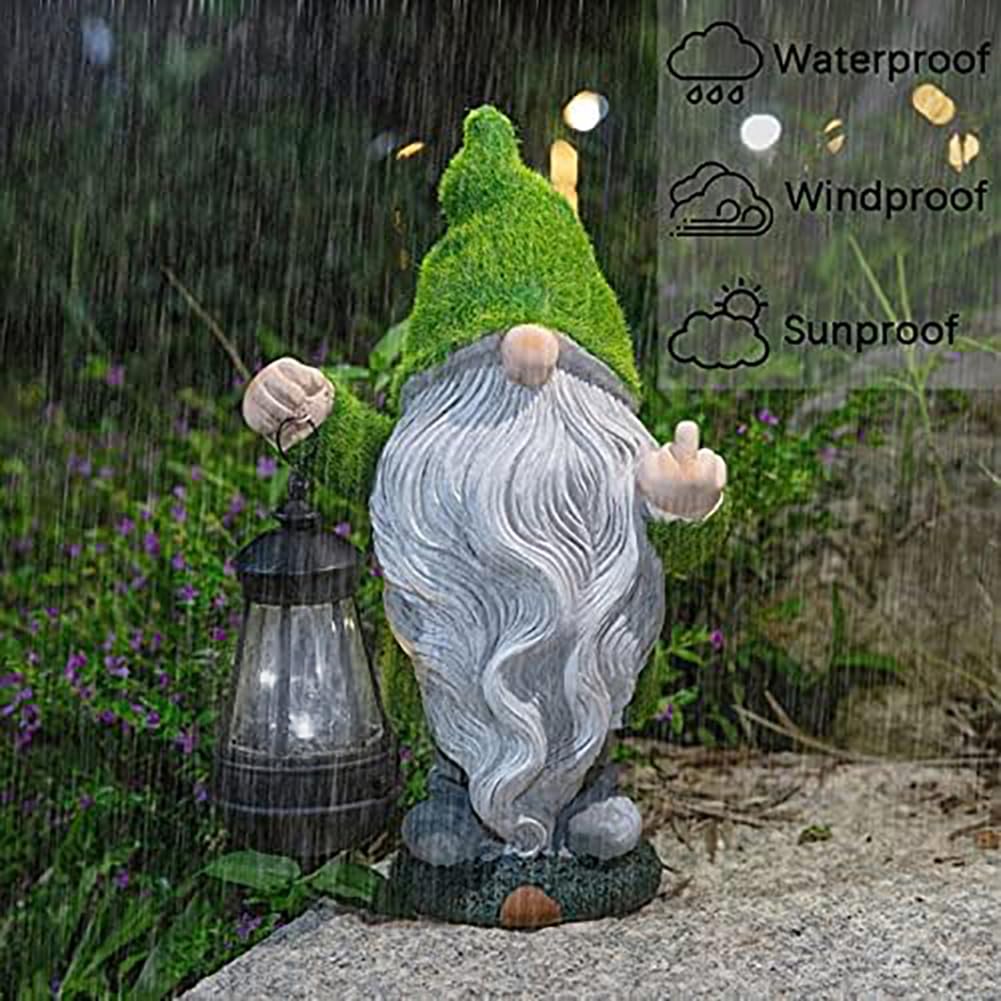 ANYUETE Flocked Garden Outdoor Gnome Statues Decor with Solar Lights, Large Funny Gnome Garden Figurines for Outside Patio Yard Lawn House Farmhouse Sculptures Decorations Gifts, White