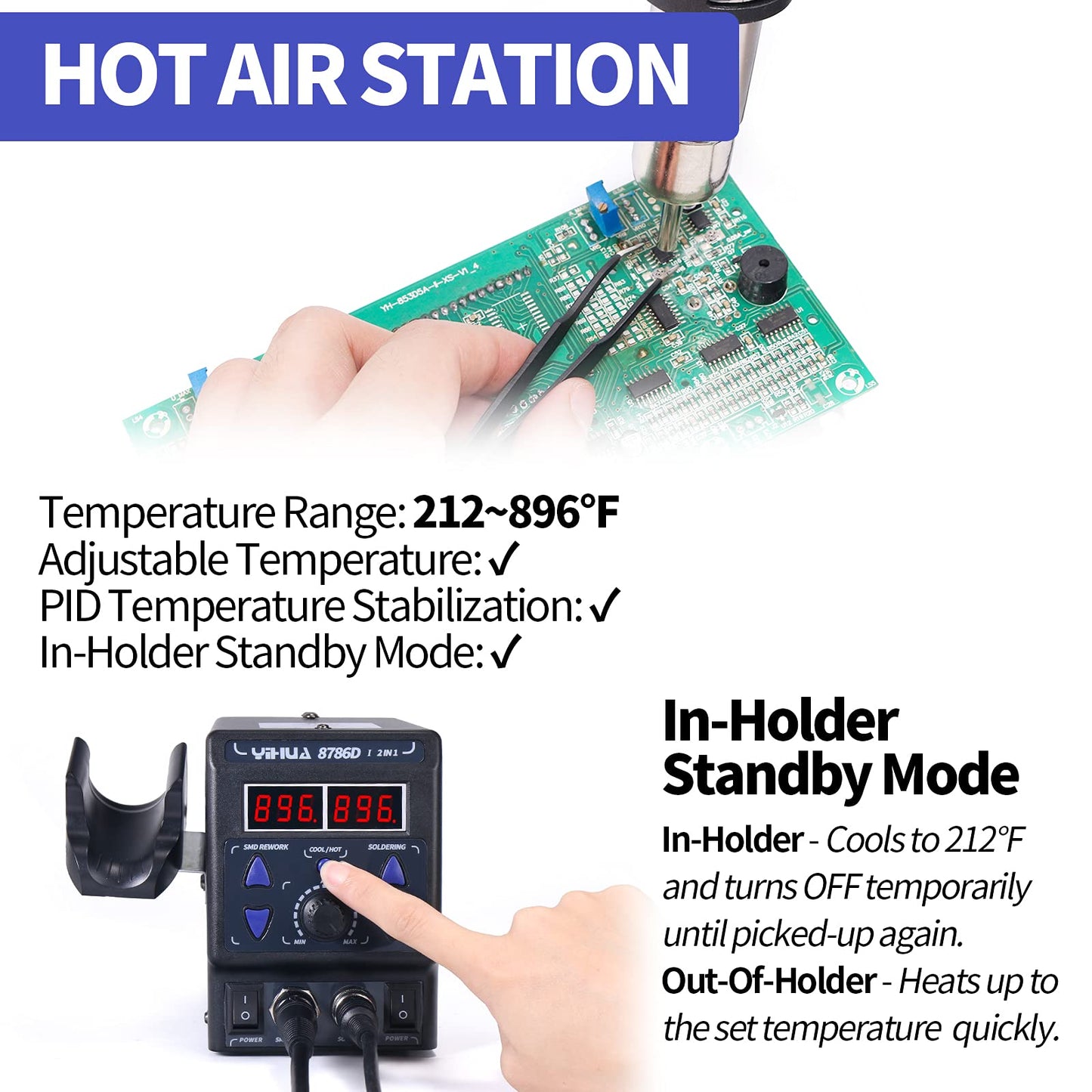 YIHUA 8786D I 2 in 1 Hot Air Rework and Soldering Iron Station with °F /°C, Cool/Hot Air Conversion, Digital Temperature Correction and Sleep Function