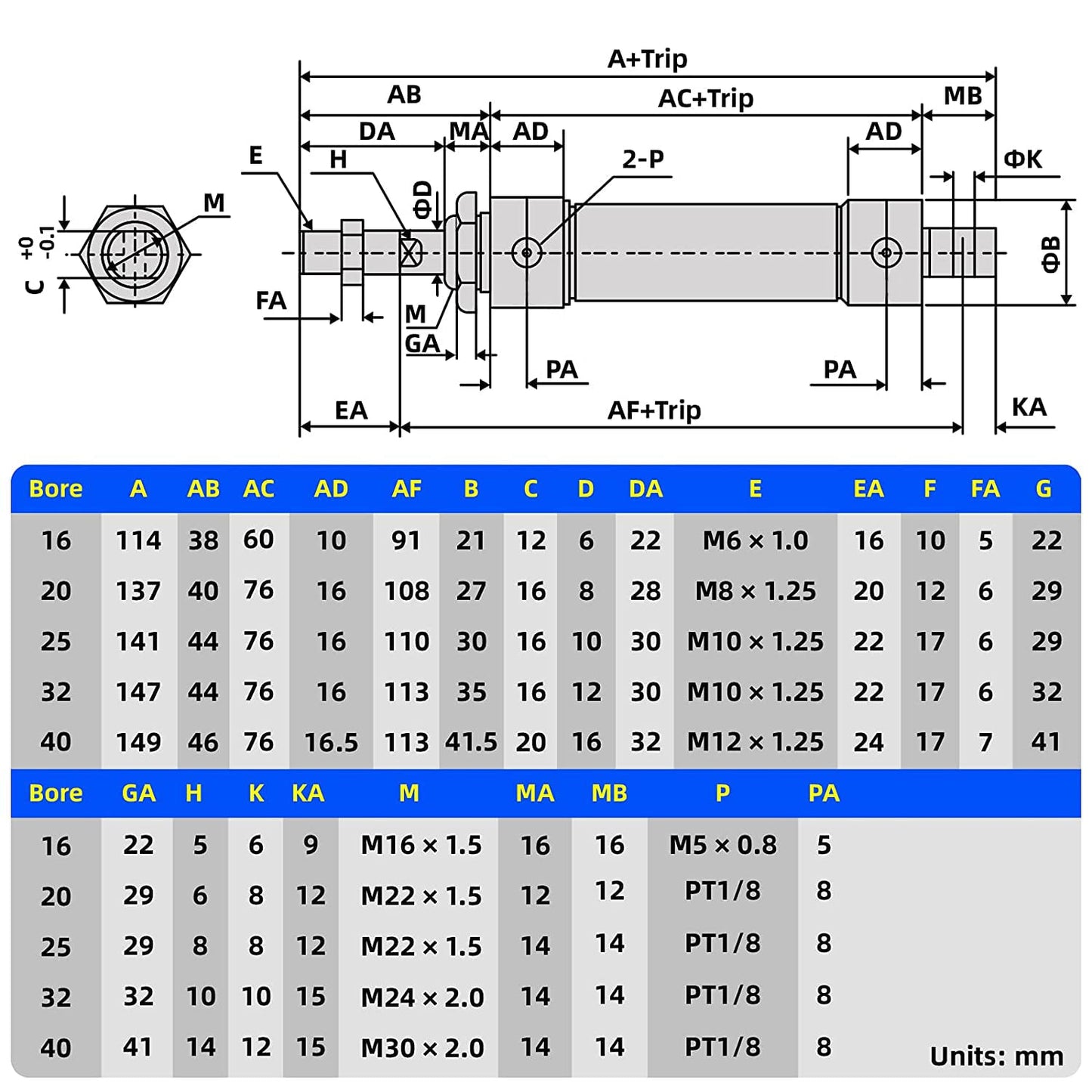 TAILONZ PNEUMATIC 25mm Bore 50mm Stroke Air Cylinder Double Action with Y Connector and 2Pcs 6mm Fitting MAL25x50
