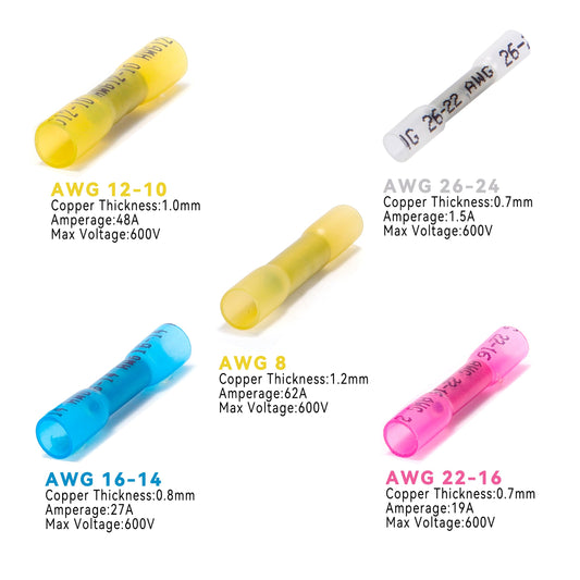 HKS 200 PCS Yellow Heat Shrink Butt Connector 12-10 AWG - Electrical Connectors - Tinned Red Copper 1mm - Automotive Marine Stereo Boat Crimp - Waterproof and Insulated