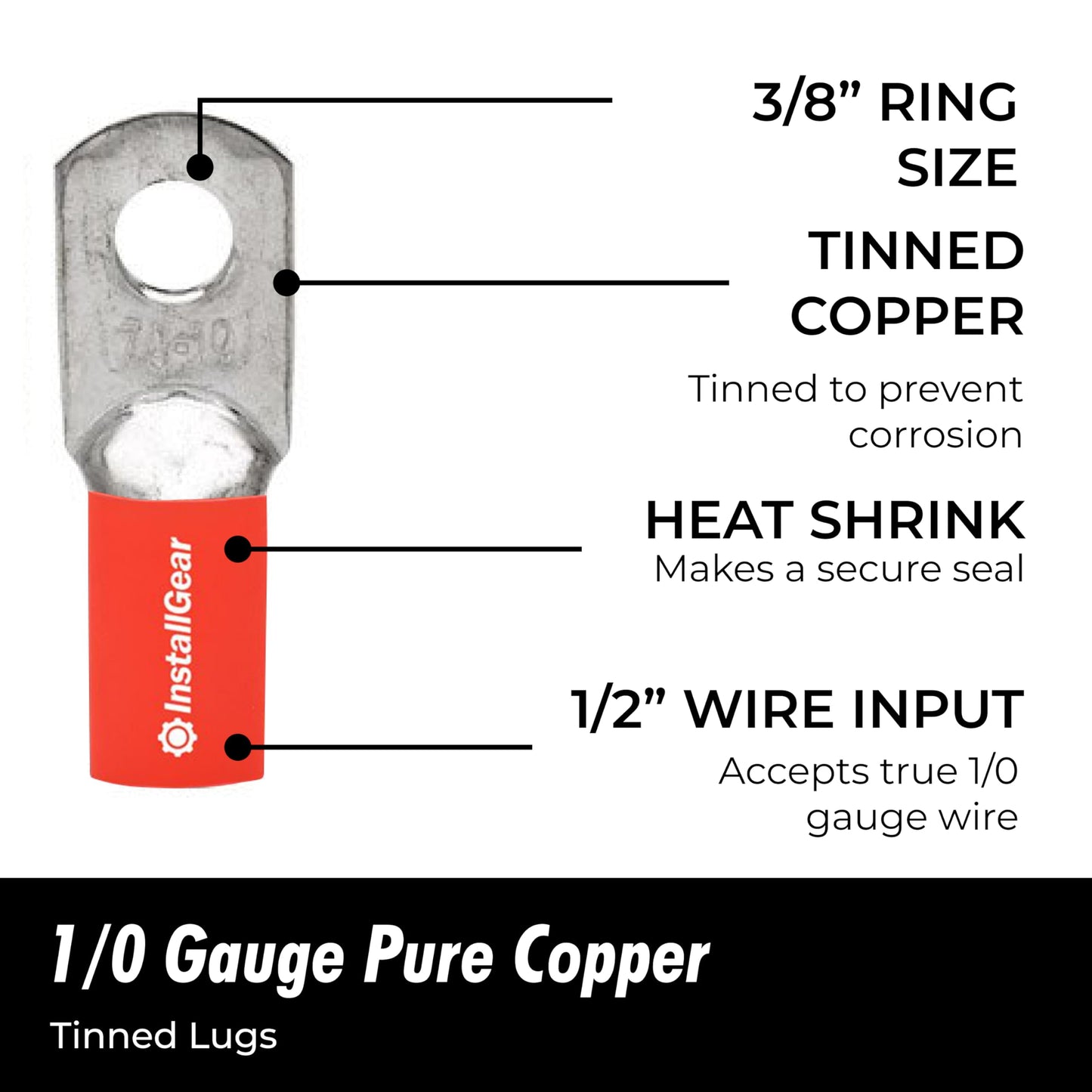 InstallGear 1/0 Gauge AWG Tinned Pure Copper Lugs Ring Terminals Connectors with Heat Shrink, 10-Pack - 1/0 Ring Terminal - Electrical Connectors, Heat Shrink Wire Connectors for 1/0 Gauge Wire