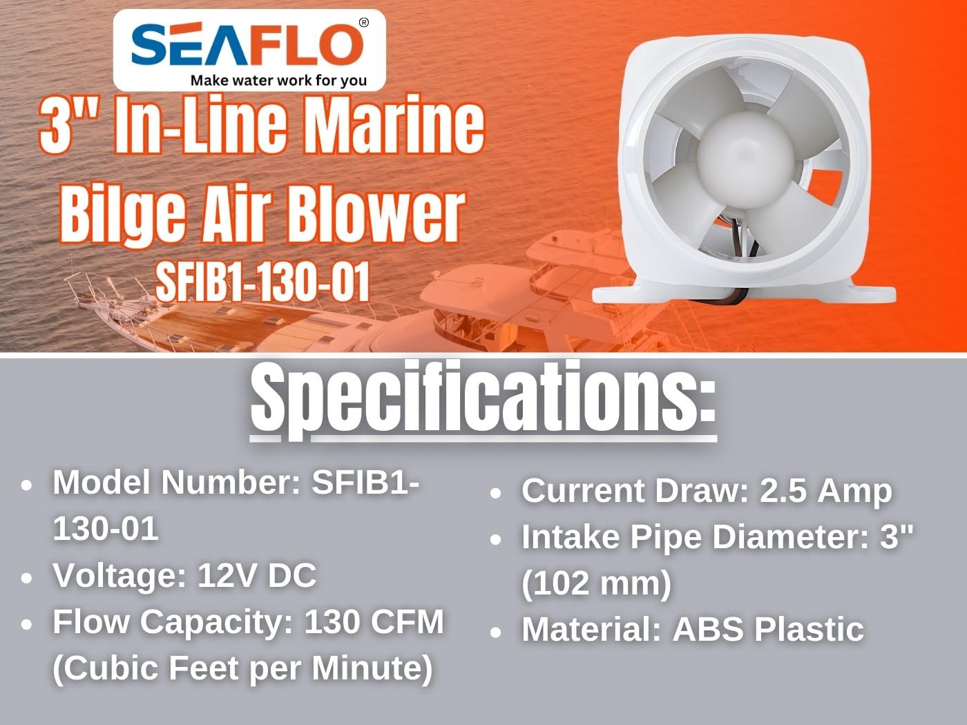 SEAFLO 3" In-Line Marine Bilge Air Blower 12V 130 CFM Ultra-Quiet White for Yacht/Sailboat/Boat - Model Number:SFIB1-130-01