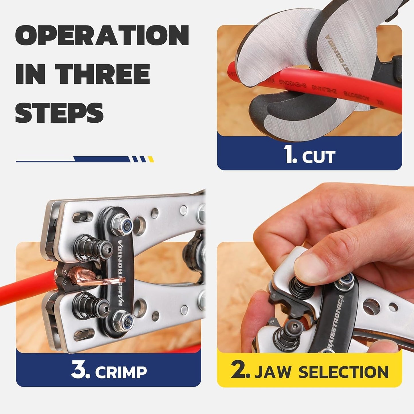 haisstronica Heavy Duty Battery Cable Crimping Tool Kit-Ratchet Hex Extended Handle Crimper for 8,6,4,2,1,1/0 AWG Copper Lugs with Cable Cutter