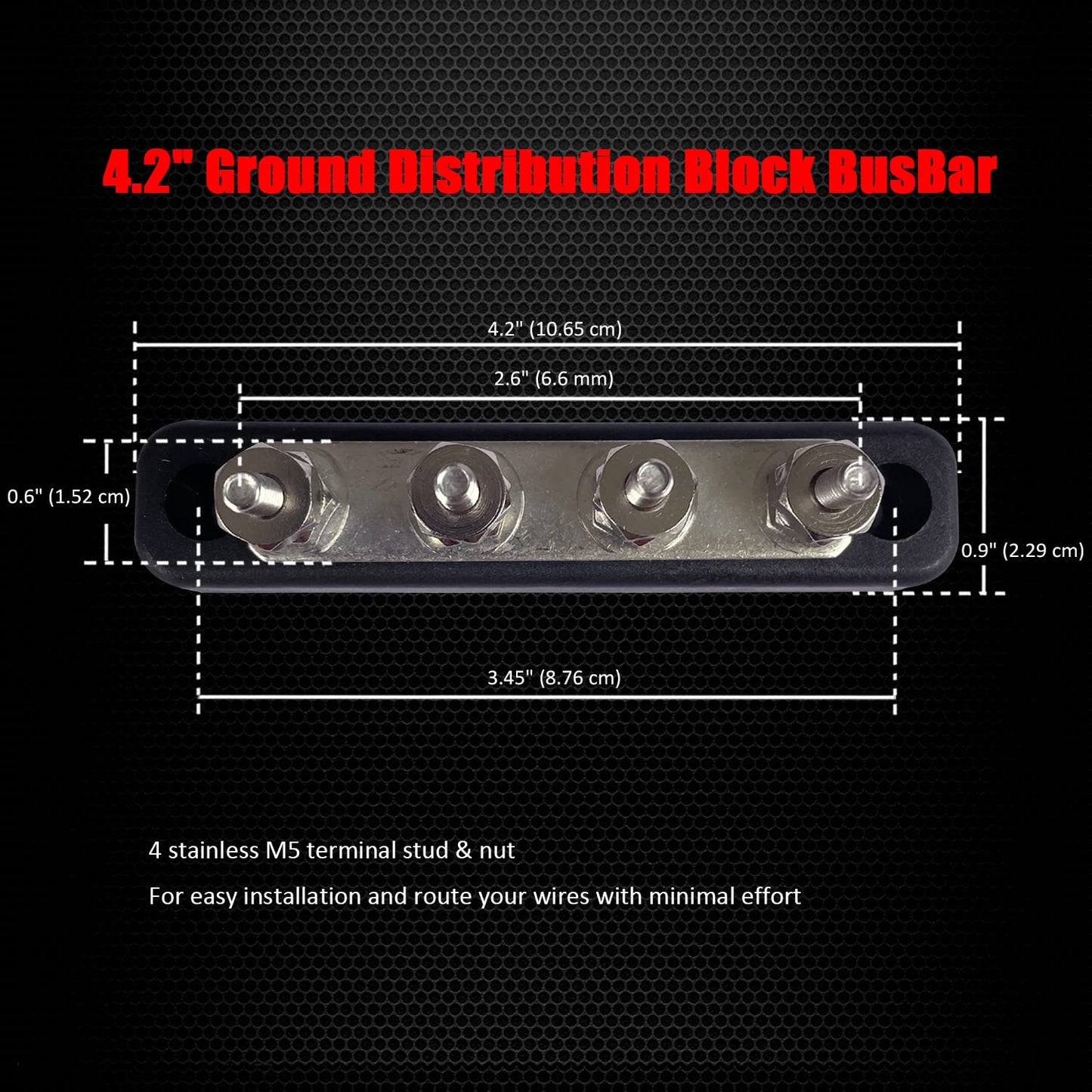 4 x #10 (M5) Studs Bus Bar, Ampper 4.2" Ground Distribution Block Brass Battery BusBar Junction with Cover for Auto Boat Amplifier and More (Black)