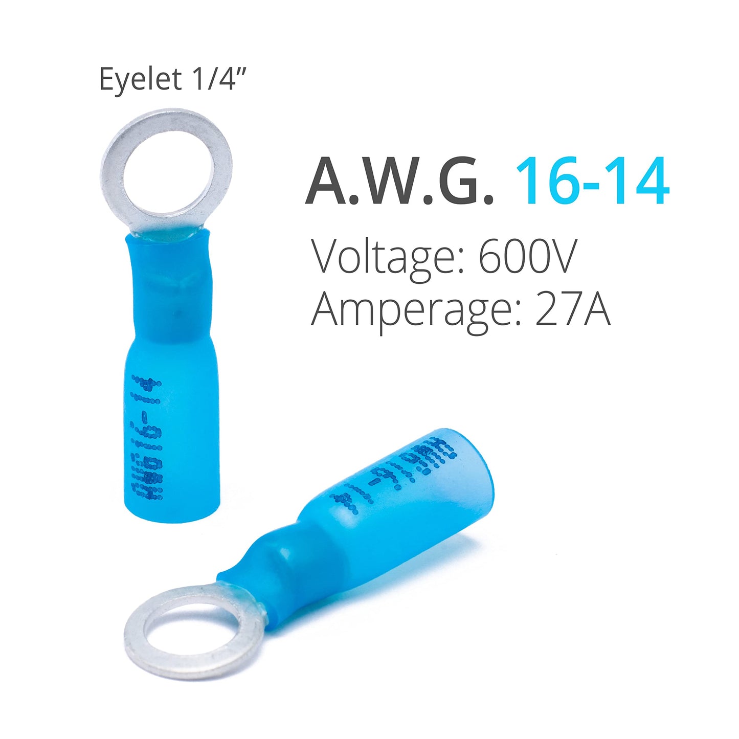 Wirefy 130 PCS Heat Shrink Ring Terminals 1/4" - a Resistant Ring Connectors - Eyelet Wire Connectors - Blue 16-14 AWG