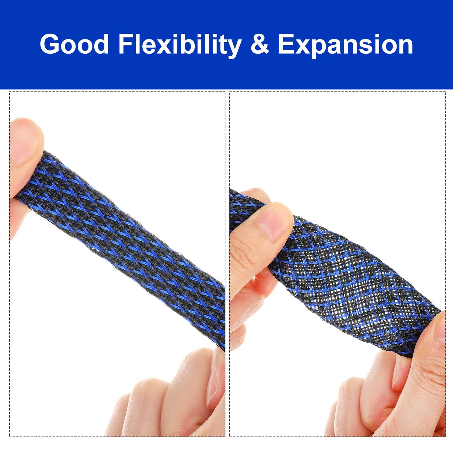 Xuniea 96ft Wire Loom Braided Cable Sleeve Covers Cord Management with 127 Pcs Tube Heat Shrinkable for Audio Video Cable Cord Protectors from Pets(1/2, 1/4, 3/8 Inch,Black and Blue)