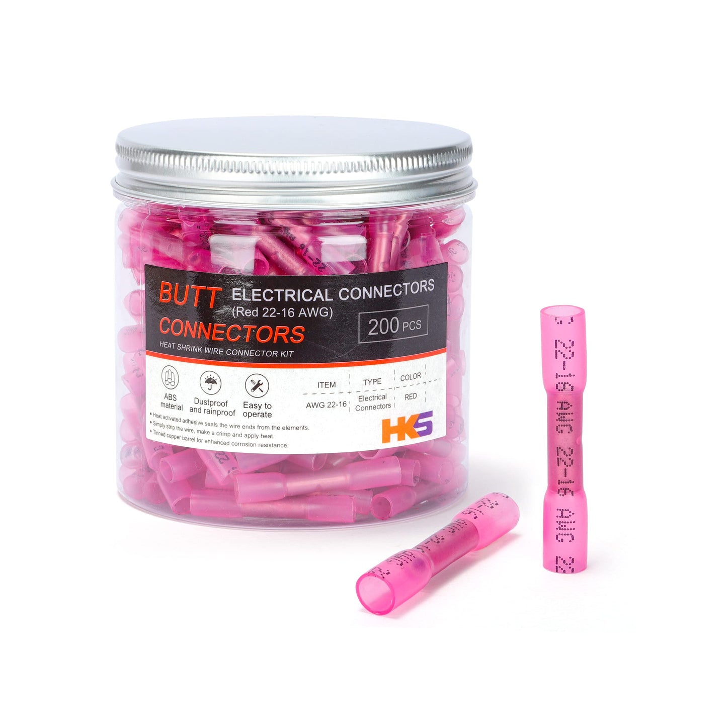 HKS Red 200 PCS Heat Shrink Butt Connector 22-16 AWG - Electrical Connectors - Tinned Red Copper 0.8mm - Automotive Marine Stereo Boat Crimp - Waterproof and Insulated