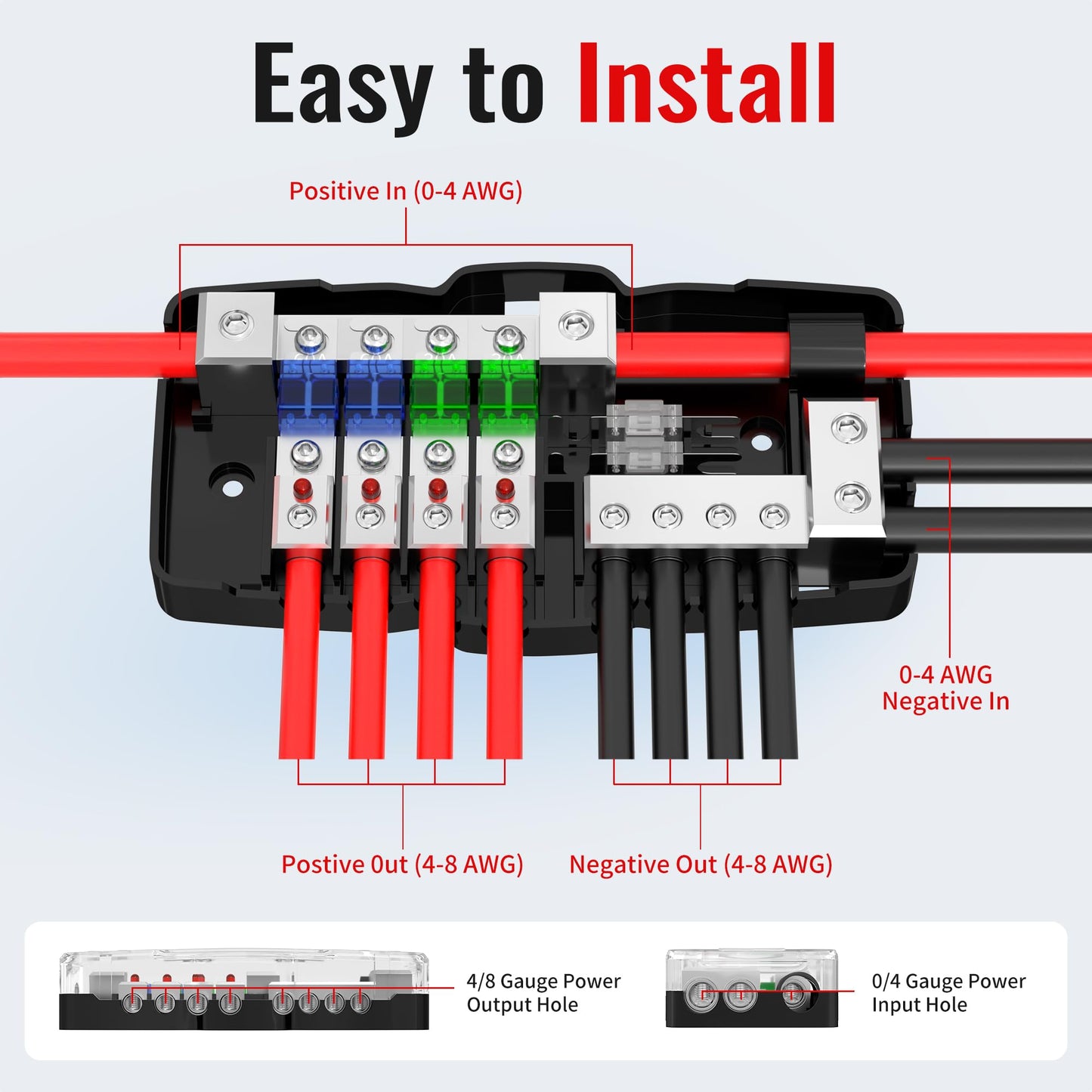 Joinfworld Fused Power Distribution Block Car Audio 4 Way MIDI(Mini-ANL) Fuse Block 12V 0/4 Gauge with Ground for Auto UTV Boat Stereo Amp
