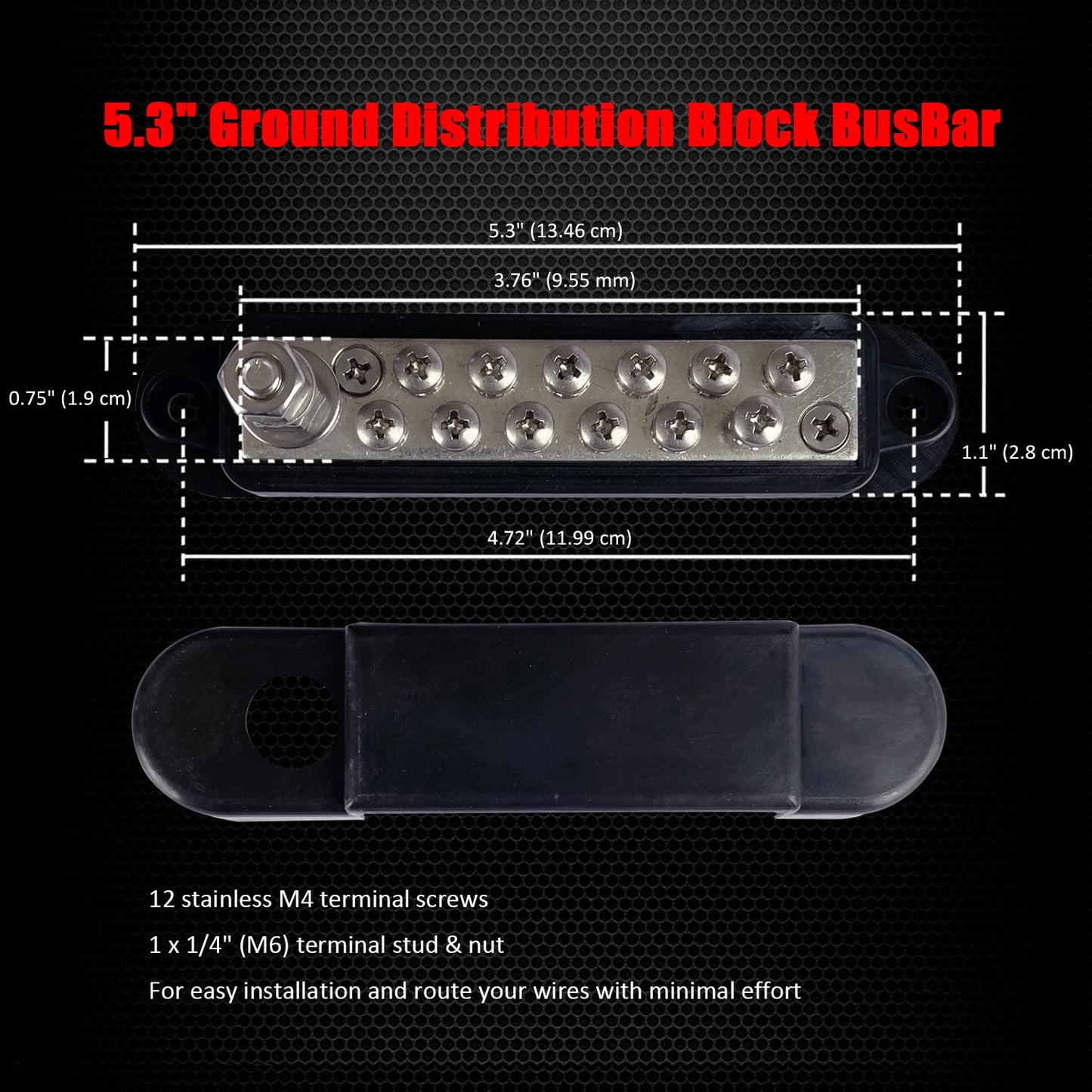 1/4" Stud & 12 x #8 Terminal Screws Ground Distribution Block Bus Bar, Ampper 5.3" 12V Nickle Plated Brass Battery BusBar Junction W/Cover for Auto Boat Solar and More (Black)