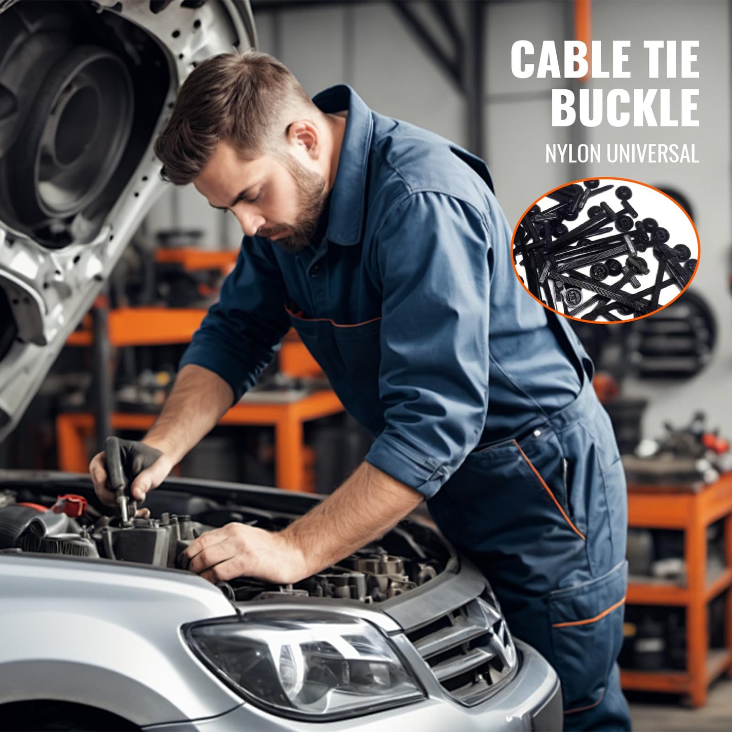 100PCS Nylon Universal Cable Tie Buckle – Heavy Duty Self-Locking Zip Ties Holder with Pin & Button Design, Plastic Cable Ties Tool Fasteners Car Body, UV Resistant Zipties for Car Daily Auto Fixing