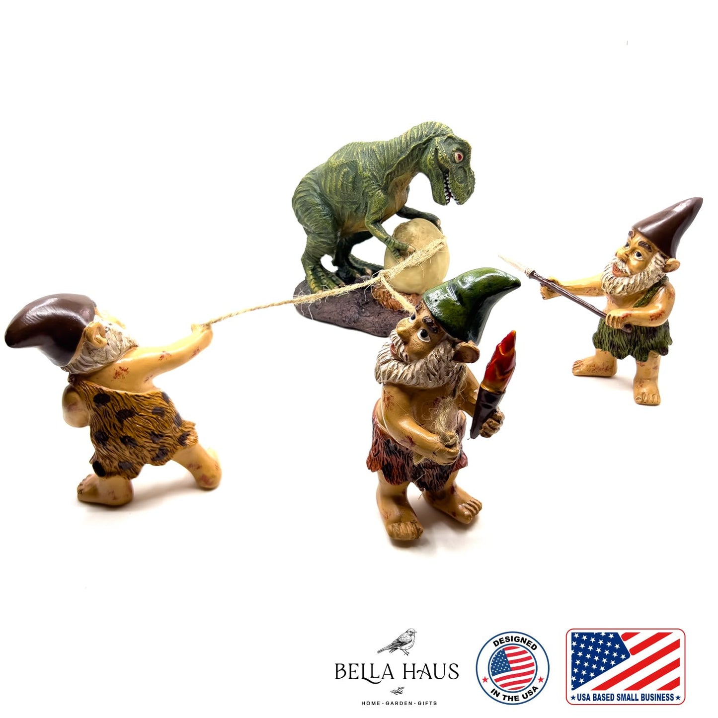 BELLA HAUS DESIGN Caveman Gnome Tyrannosaurus Rex Egg Heist Garden Statue – Funny Dinosaur & Gnome Outdoor Decor for Yard, Patio, or Garden – Whimsical 4-Piece Resin Figurine Set (Dinosaur Egg Heist)