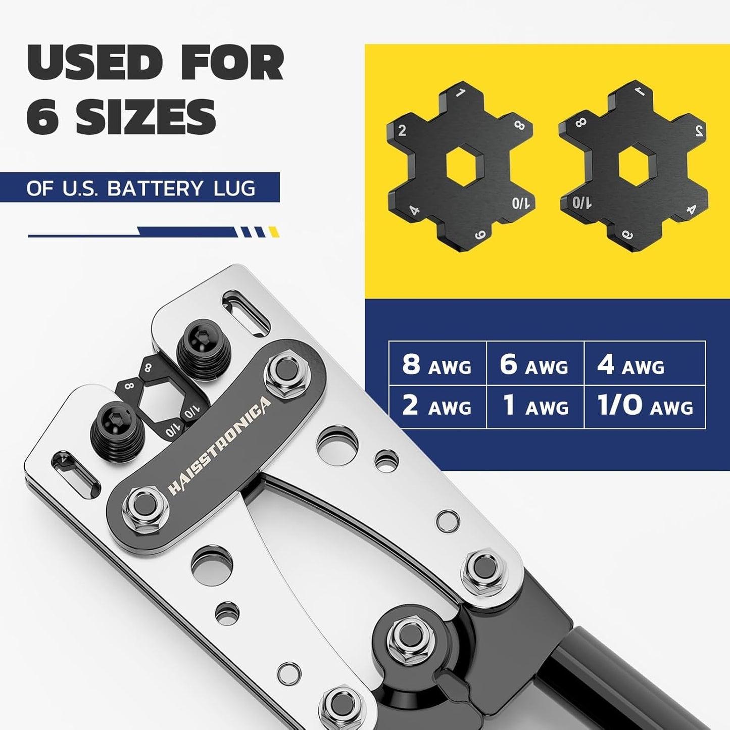 haisstronica Heavy Duty Battery Cable Crimping Tool Kit-Ratchet Hex Extended Handle Crimper for 8,6,4,2,1,1/0 AWG Copper Lugs with Cable Cutter