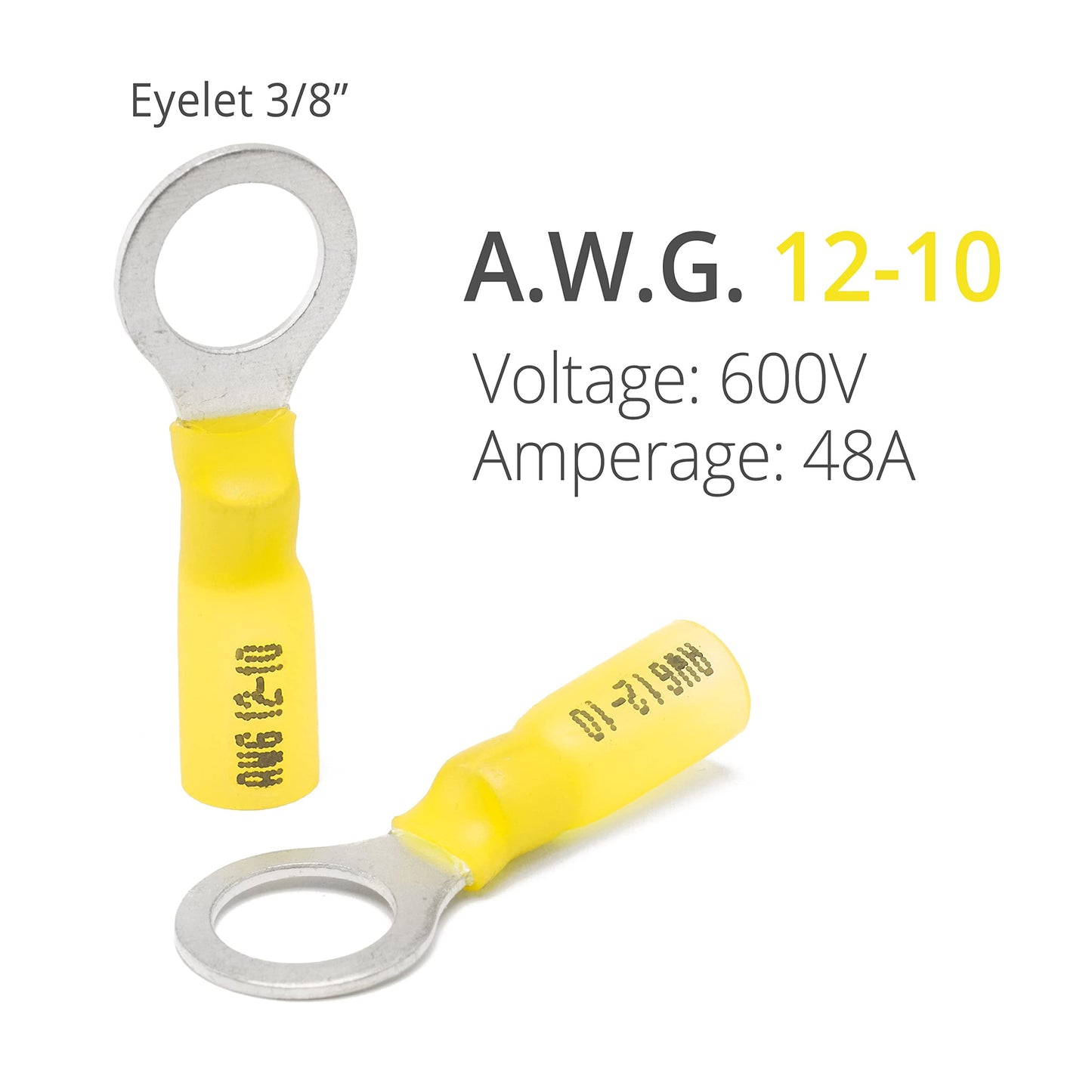 Wirefy 90 PCS Heat Shrink Ring Terminals 3/8" - a Resistant Ring Connectors - Eyelet Wire Connectors - Yellow 10-12 AWG