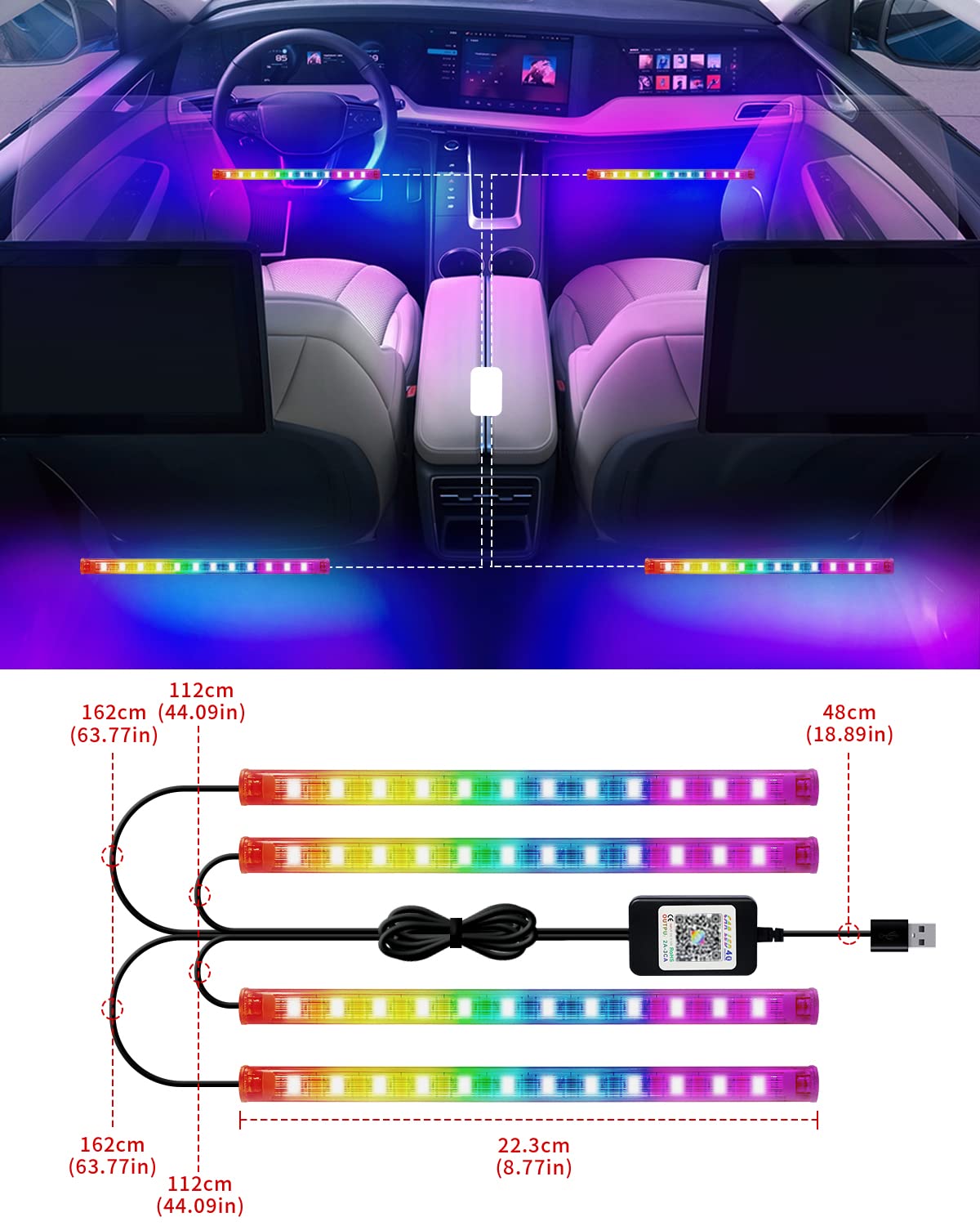 YM E-Brightt RGB LED Strip Lights for Car App Control with Remote Led Lights car Interior with Charger Music Sync Under Dash Footwell Neon Lighting Kit w/USB Cable DC 12V