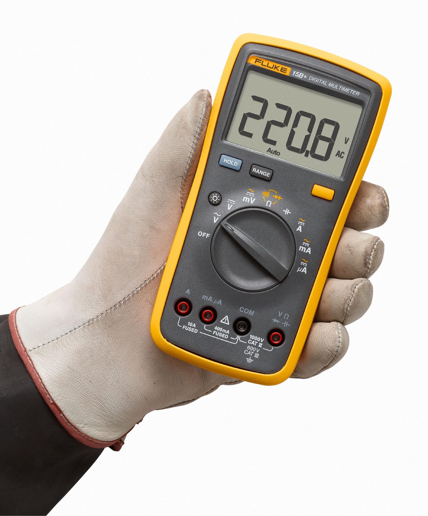Fluke 15B+ Digital Multimeter, for Electrical Applications, Measures AC/DC Voltage and Current Measurements up to 1000V and 10A, Along with Resistance, Continuity, Diode, and Capacitance Capabilities