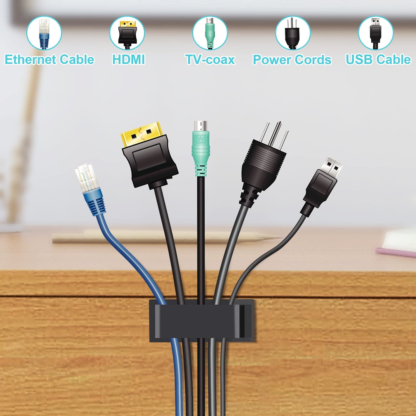 50 PCS Black Cable Clips - Large Cord Organizers for Under Desk Cable Wire Management, Adhesive Holder Clips for Multiple Cord Management