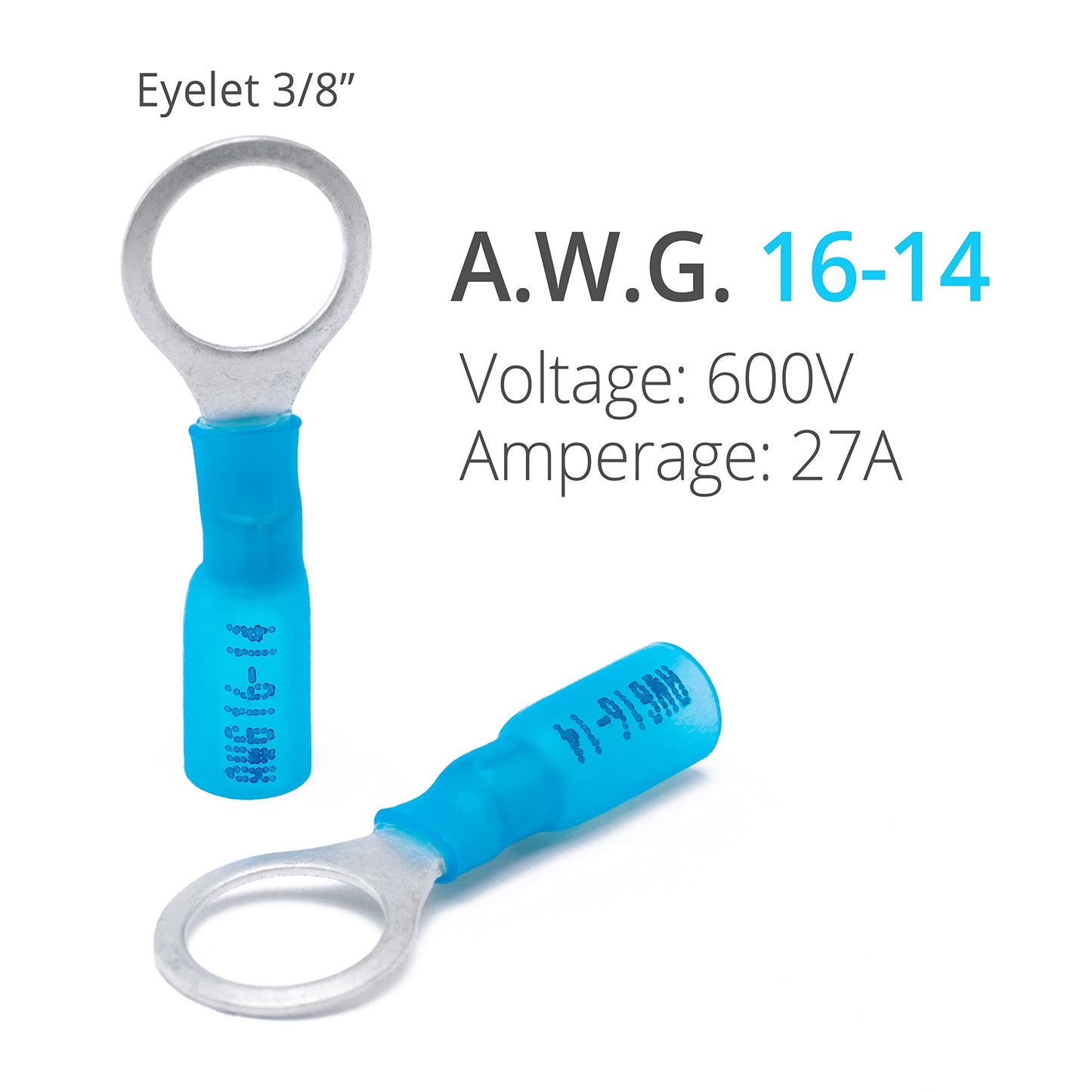 Wirefy 130 PCS Heat Shrink Ring Terminals 3/8" - a Resistant Ring Connectors - Eyelet Wire Connectors - Blue 16-14 AWG
