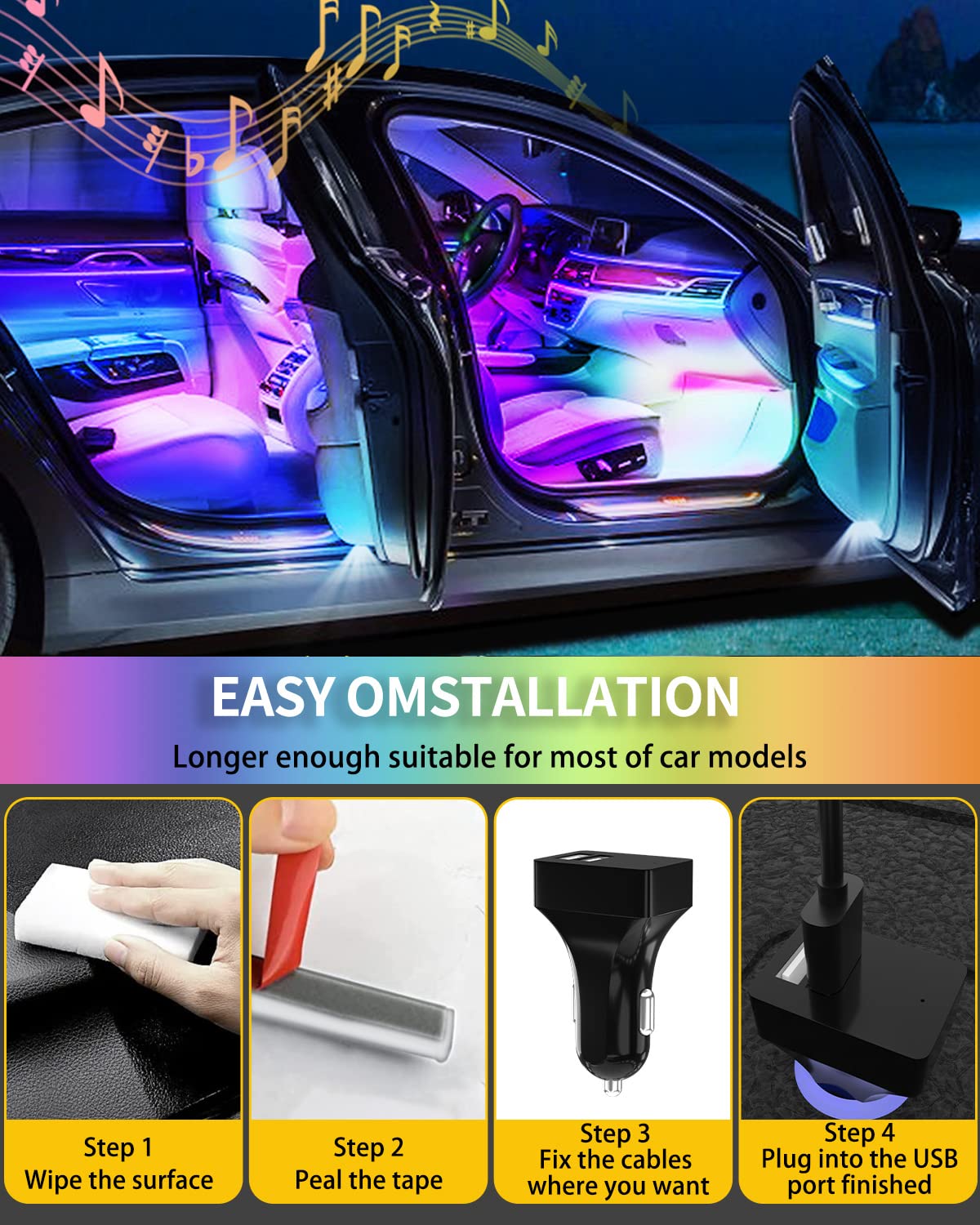 YM E-Brightt RGB LED Strip Lights for Car App Control with Remote Led Lights car Interior with Charger Music Sync Under Dash Footwell Neon Lighting Kit w/USB Cable DC 12V