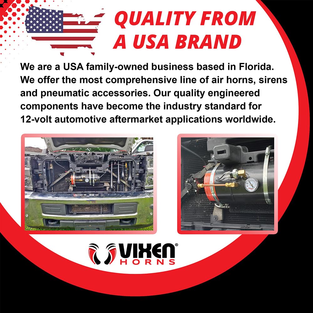Vixen Horns Train Horn Kit for Trucks/Car/Semi. Complete Onboard System- 150psi Air Compressor, 1 Gallon Tank, 4 Trumpets. Super Loud dB. Fits Vehicles like Pickup/Jeep/RV/SUV 12v VXO8210/4124B