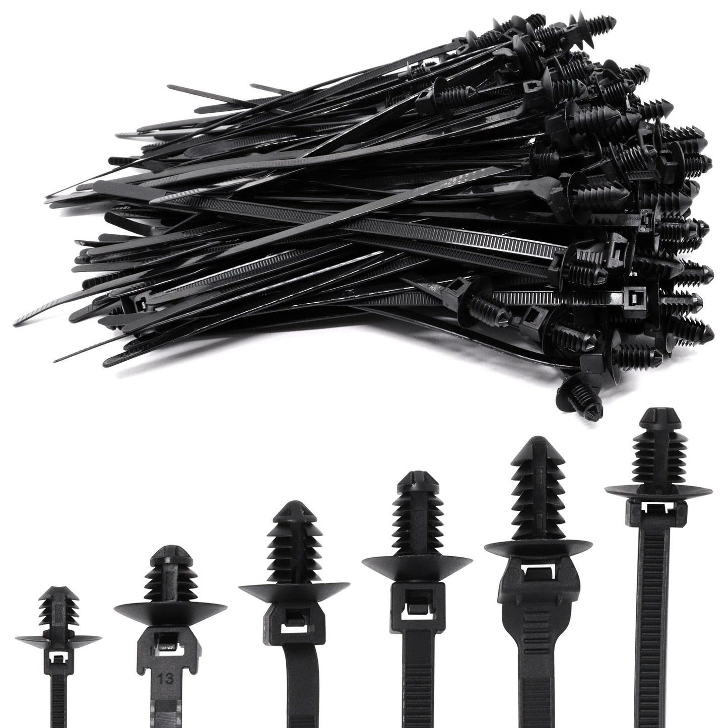 SWZHAI 120 PCS Push Mount Zip Ties, Nylon Car Mount Wire Tie Snap in Cable Zip Ties, Black Push Mount Cable Ties Automotive Zips Tie Fastener Wire Harness Clips for Wire Tying (6-Types)