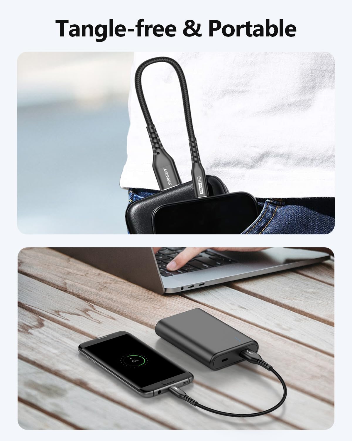 SUNGUY Micro USB Cable 10FT, 18W USB to Micro USB Cable Fast Charging USB 2.0 Data Transfer Nylon Braided for Samsung Galaxy S7 Edge S6, Power Bank, Android Phone, PS-Black