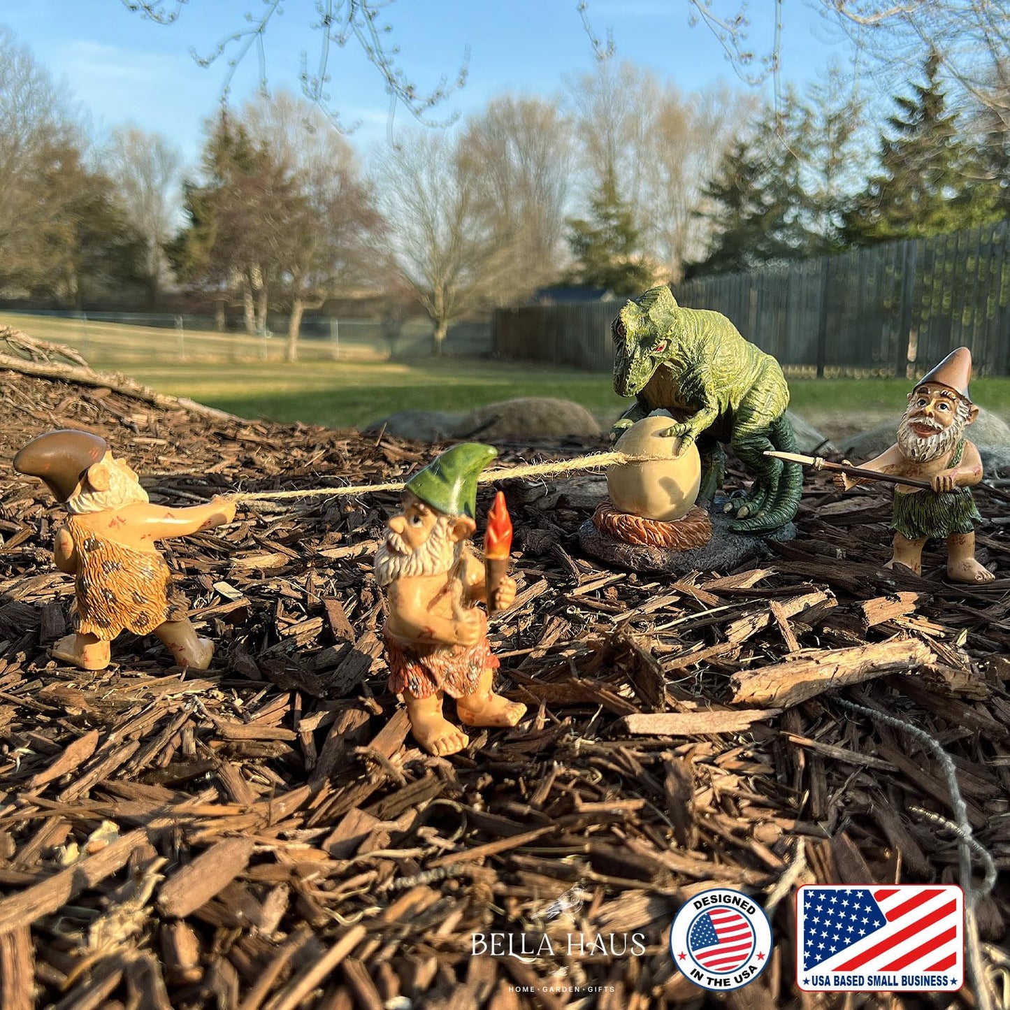 BELLA HAUS DESIGN Caveman Gnome Tyrannosaurus Rex Egg Heist Garden Statue – Funny Dinosaur & Gnome Outdoor Decor for Yard, Patio, or Garden – Whimsical 4-Piece Resin Figurine Set (Dinosaur Egg Heist)