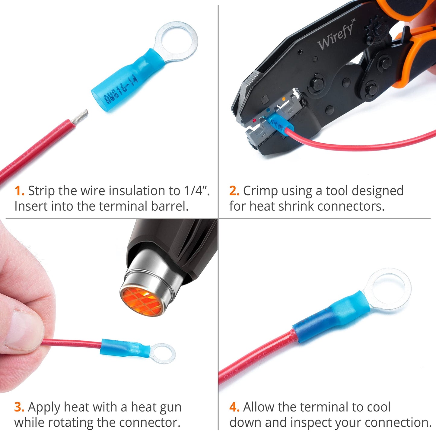 Wirefy 130 PCS Heat Shrink Ring Terminals 3/8" - a Resistant Ring Connectors - Eyelet Wire Connectors - Blue 16-14 AWG