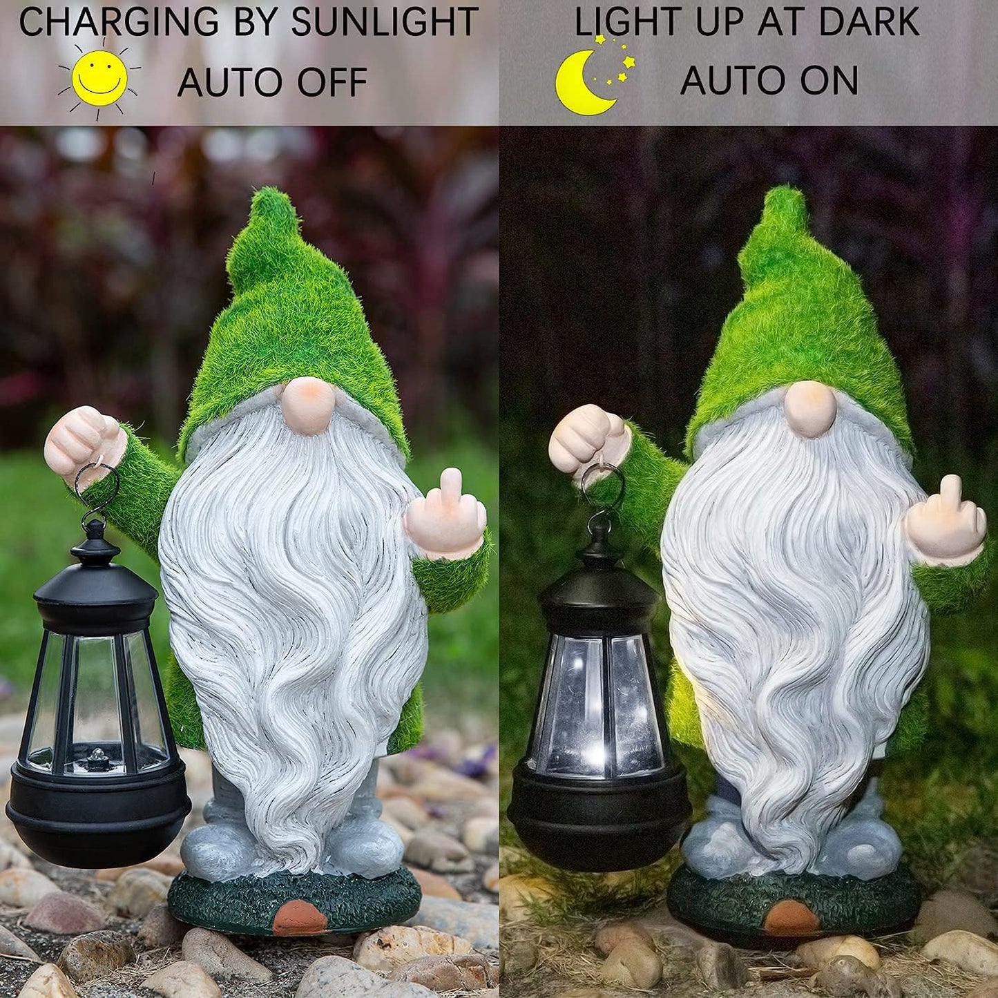 ANYUETE Flocked Garden Outdoor Gnome Statues Decor with Solar Lights, Large Funny Gnome Garden Figurines for Outside Patio Yard Lawn House Farmhouse Sculptures Decorations Gifts, White