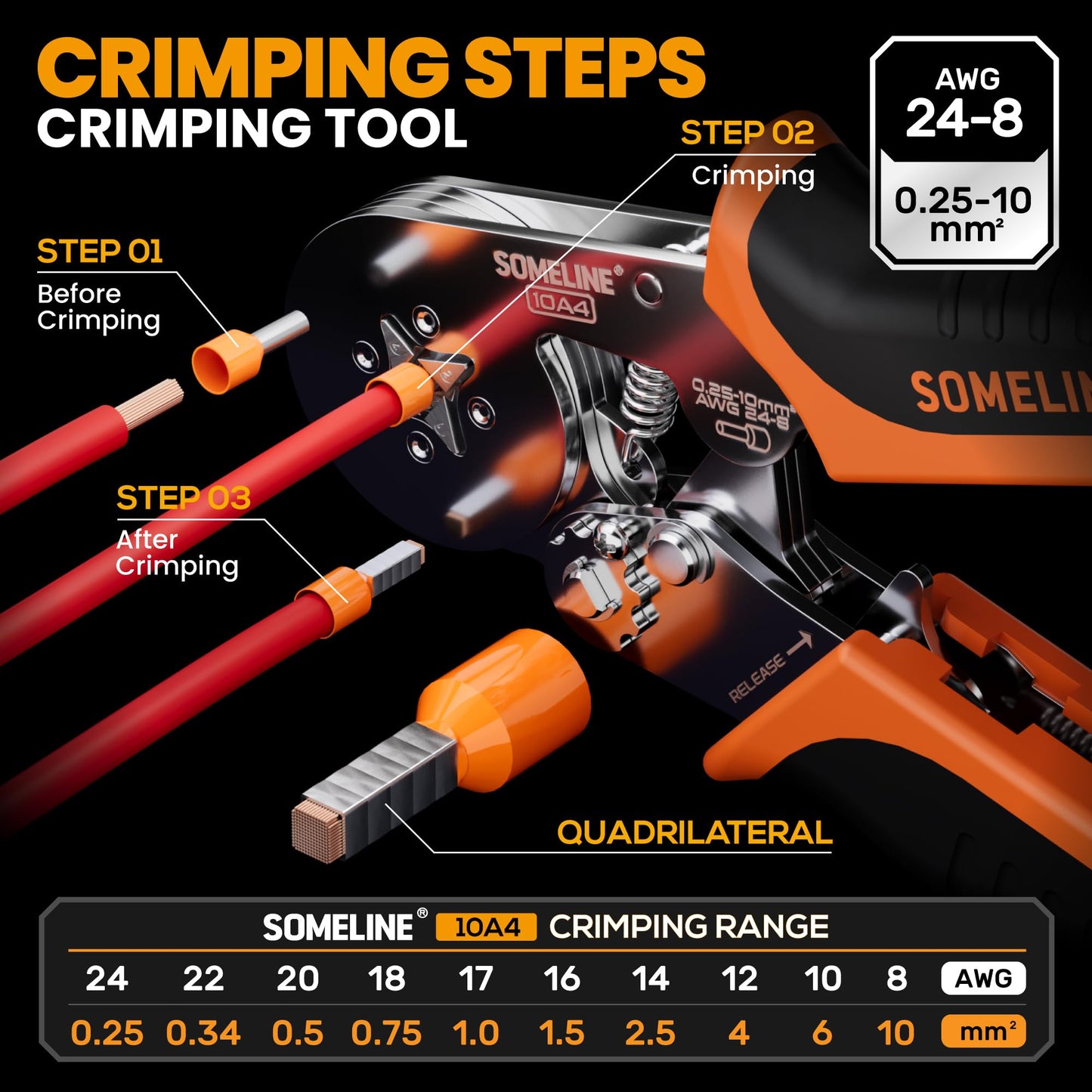 SOMELINE® Ferrule Crimping Tool Kit,Self-Adjusting Pliers for wire ferrules AWG 24-8, With 9 Sizes Insulated Wire Ferrules Terminals,Square Crimp Connector Assortment Kit (GX9-4)