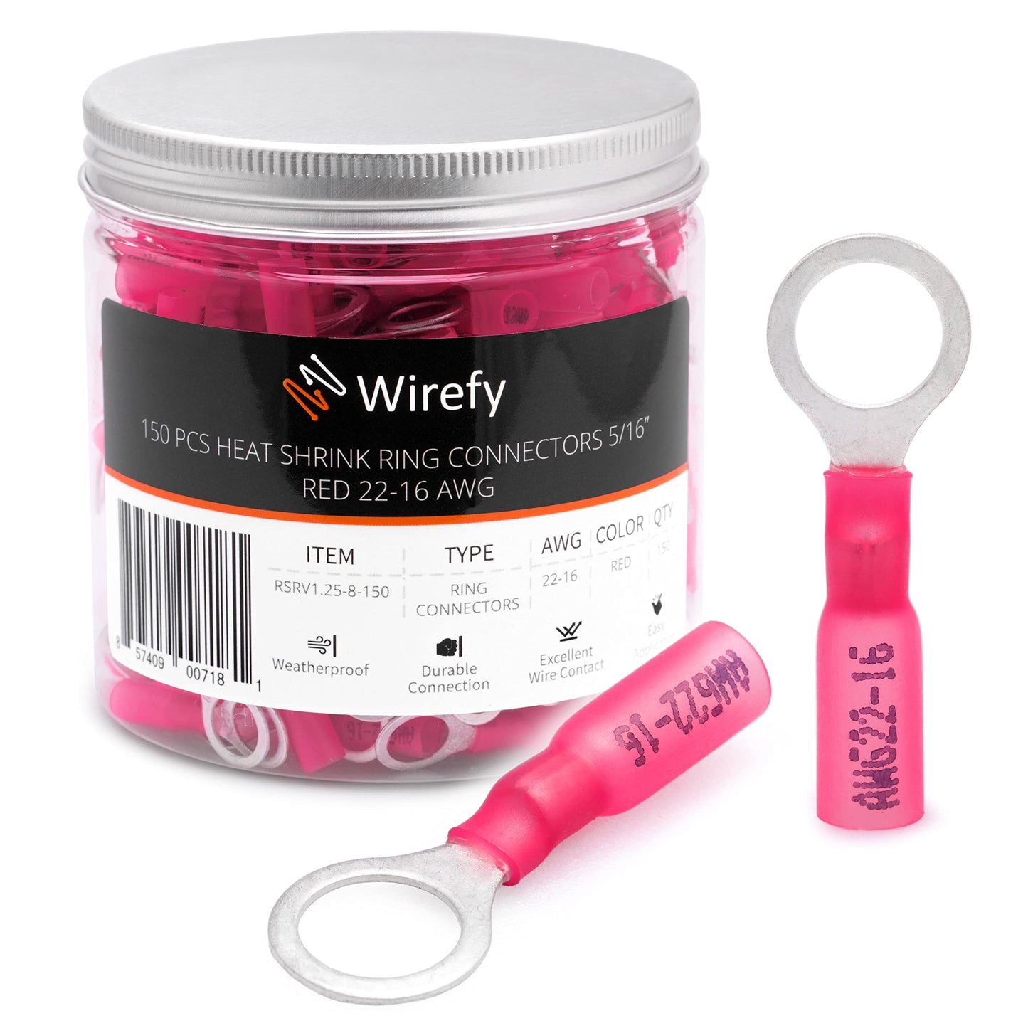 Wirefy 150 PCS Heat Shrink Ring Terminals 5/16" - a Resistant Ring Connectors - Eyelet Wire Connectors - Red 22-16 AWG