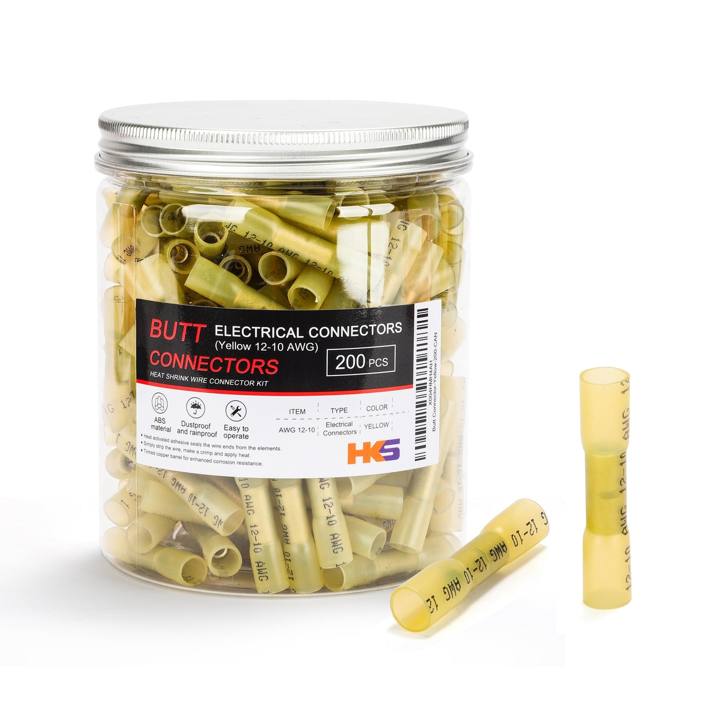 HKS 200 PCS Yellow Heat Shrink Butt Connector 12-10 AWG - Electrical Connectors - Tinned Red Copper 1mm - Automotive Marine Stereo Boat Crimp - Waterproof and Insulated