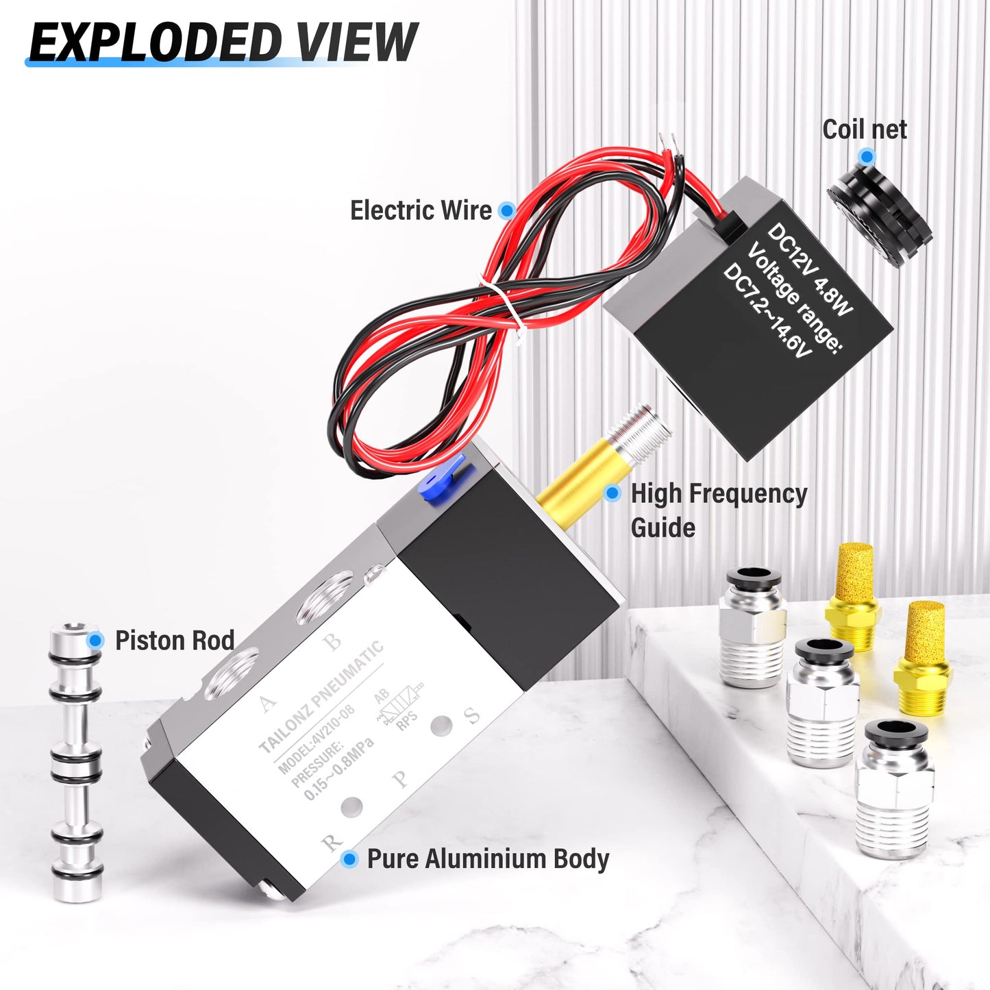 TAILONZ PNEUMATIC 1/4"NPT Solenoid Valve DC12V Single Coil Pilot-Operated Electric 2 Position 5 Way Connection Type 4V210-08 Outlet wire