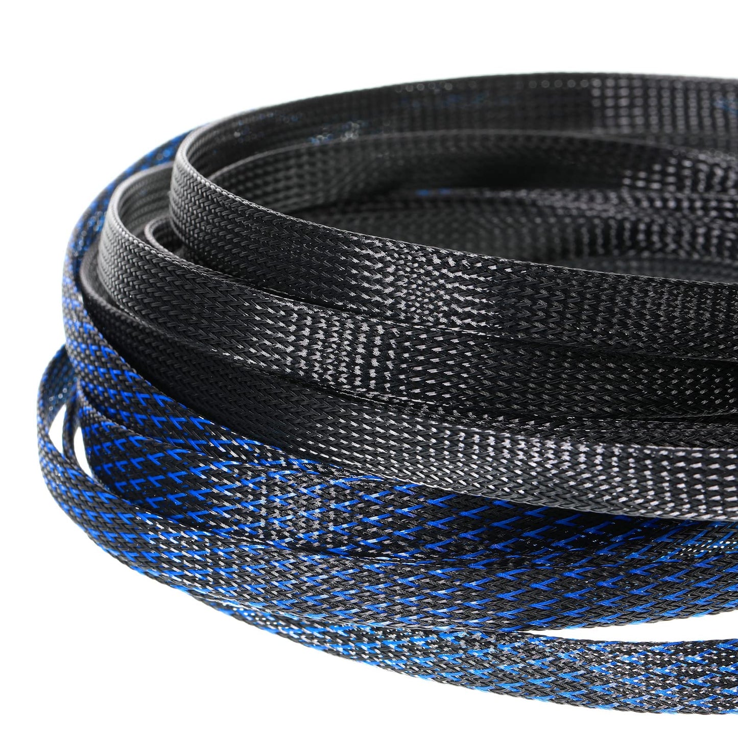Xuniea 96ft Wire Loom Braided Cable Sleeve Covers Cord Management with 127 Pcs Tube Heat Shrinkable for Audio Video Cable Cord Protectors from Pets(1/4, 1/2, 3/4 Inch,Black and Blue)
