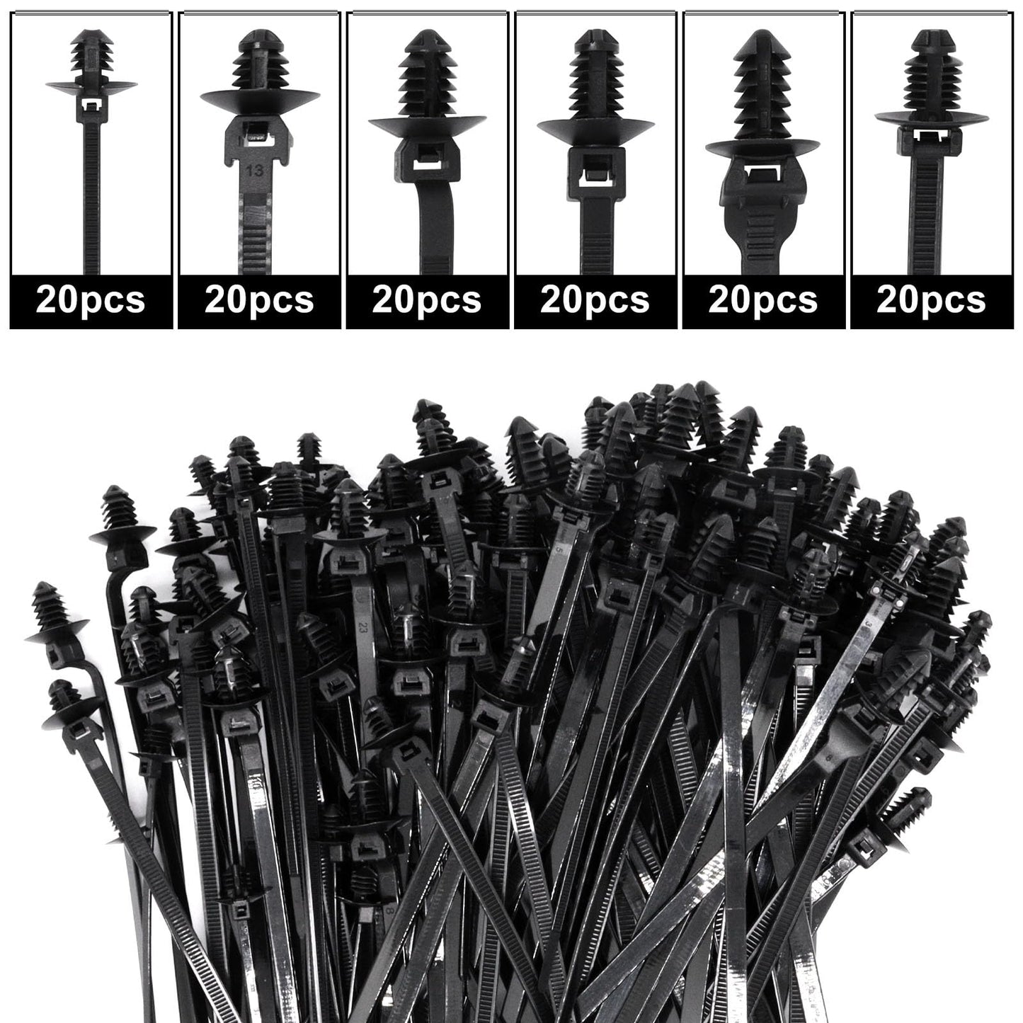 SWZHAI 120 PCS Push Mount Zip Ties, Nylon Car Mount Wire Tie Snap in Cable Zip Ties, Black Push Mount Cable Ties Automotive Zips Tie Fastener Wire Harness Clips for Wire Tying (6-Types)