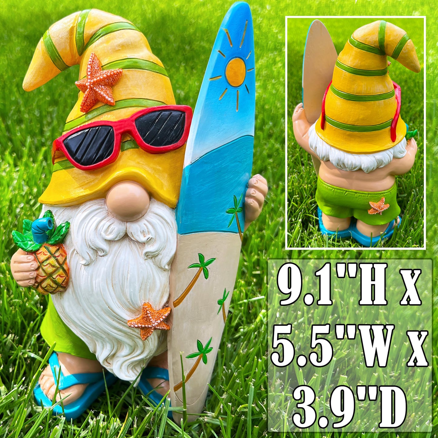 Mood Lab Garden Gnome - Surfer Gnome Figurine - 9.1 Inch Tall Funny Lawn Statue - for Outdoor & House Decor