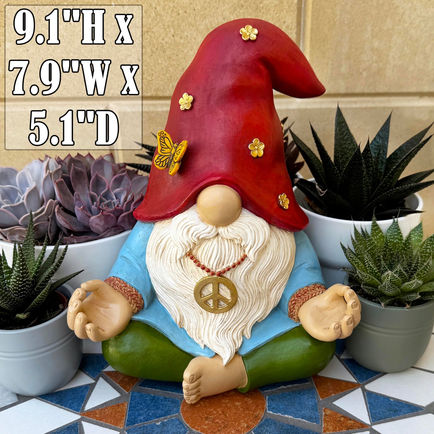 Mood Lab Garden Gnome - Funny Zen Hippie Gnome Figurine - 9.1 Inch Tall Lawn Statue - for Outdoor or House Decor