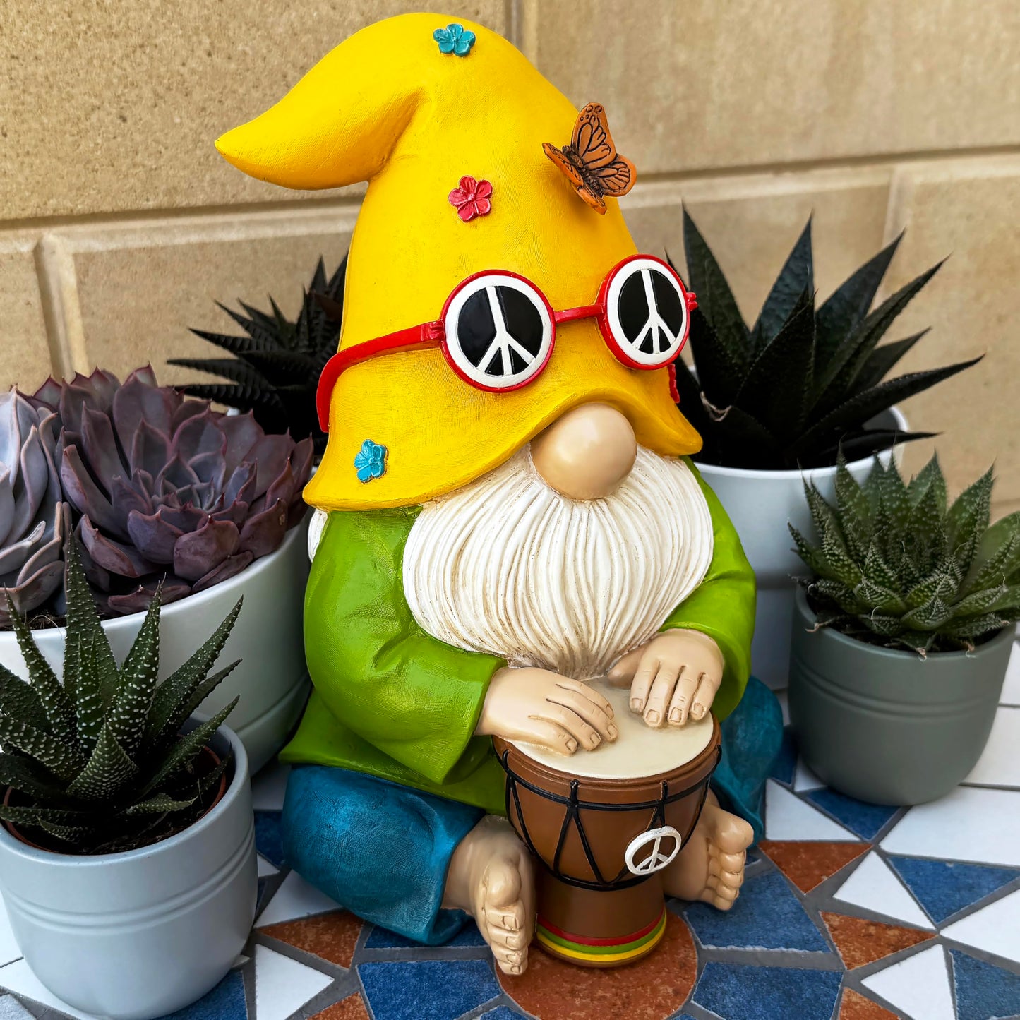Mood Lab Garden Gnome - Hippie Drummer Gnome Figurine - 9.1 Inch Tall Funny Lawn Statue - for Outdoor or House Decor