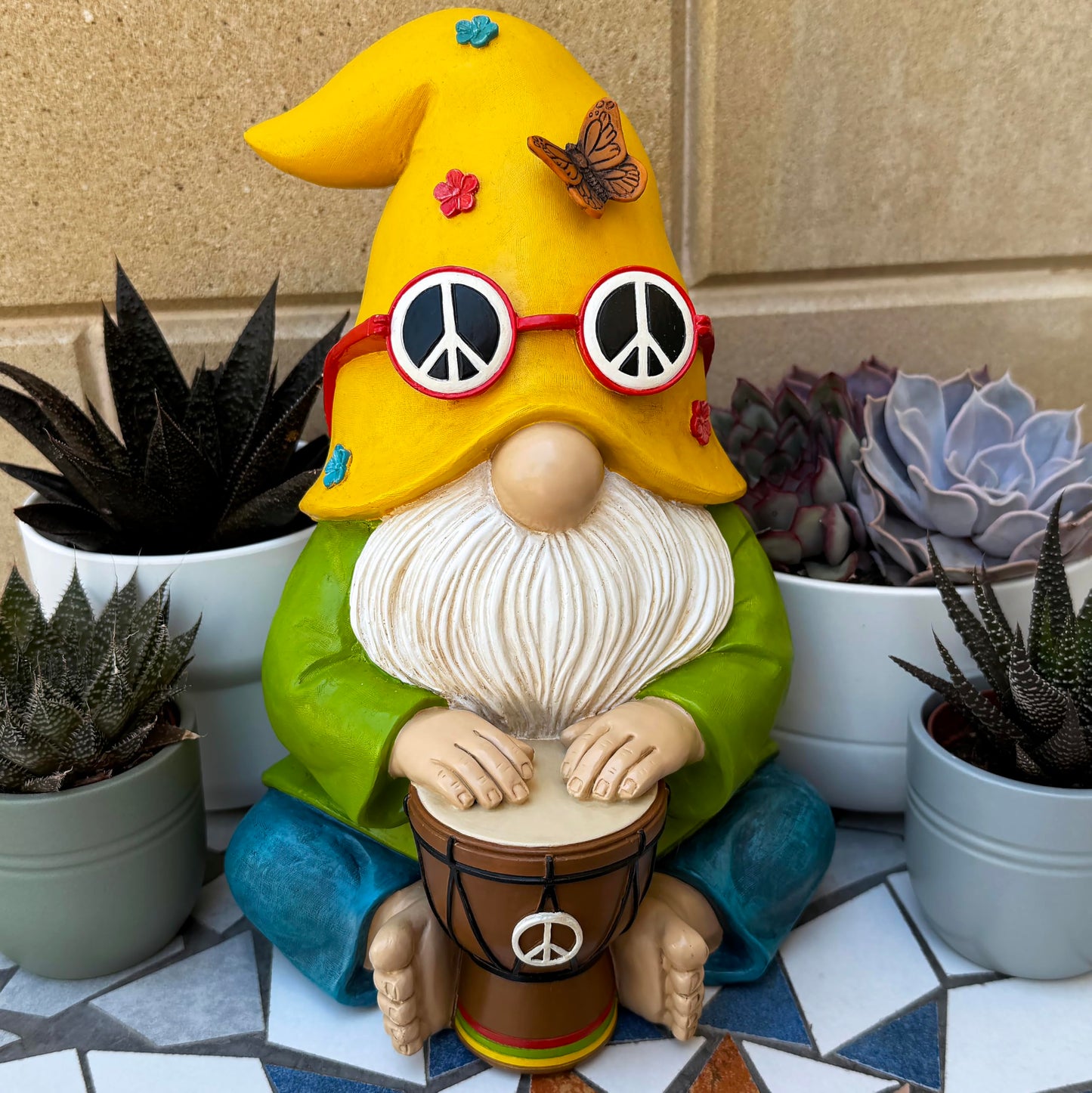 Mood Lab Garden Gnome - Hippie Drummer Gnome Figurine - 9.1 Inch Tall Funny Lawn Statue - for Outdoor or House Decor