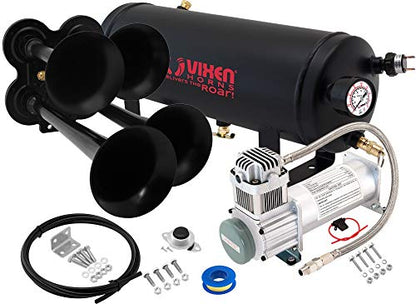 Vixen Horns Train Horn Kit for Trucks/Car/Semi. Complete Onboard System- 200psi Air Compressor, 1.5 Gallon Tank, 4 Trumpets. Super Loud dB. Fits Vehicles like Pickup/Jeep/RV/SUV 12v VXO8315/4114B