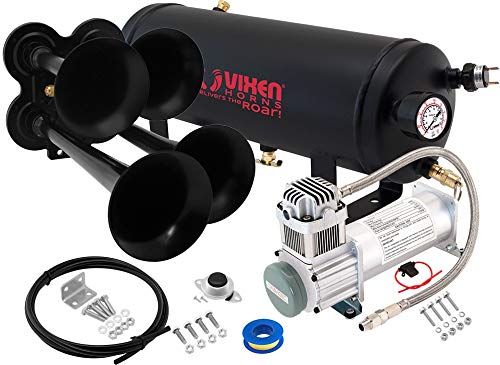 Vixen Horns Train Horn Kit for Trucks/Car/Semi. Complete Onboard System- 200psi Air Compressor, 1.5 Gallon Tank, 4 Trumpets. Super Loud dB. Fits Vehicles like Pickup/Jeep/RV/SUV 12v VXO8315/4114B