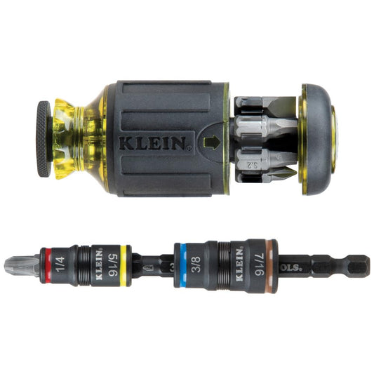 Klein Tools 32308HD Impact Driver Set, 12-in-1 Stubby Driver Set, 2 Hex Flip Sockets, 7 Bits, 1/4-Inch Deep Bit Holding Feature