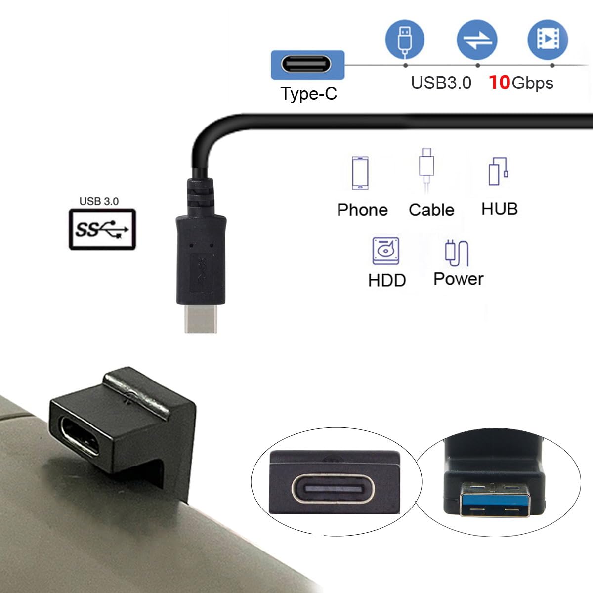 CY USB-C Type C Female Opposite U Shape Back Angled to USB 3.0 A Male Data Adapter for Laptop Desktop