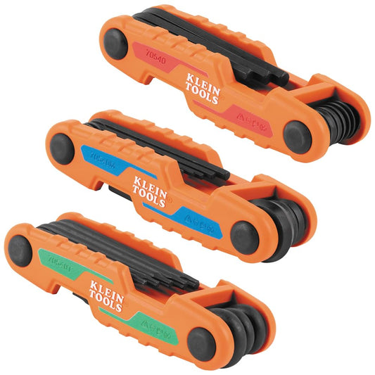 Klein Tools 70543 3-Piece Compact Folding Hex Key Set, Metric, SAE, Torx Sizes, 25 Keys, Industrial Strength Heat Treated Alloy Steel