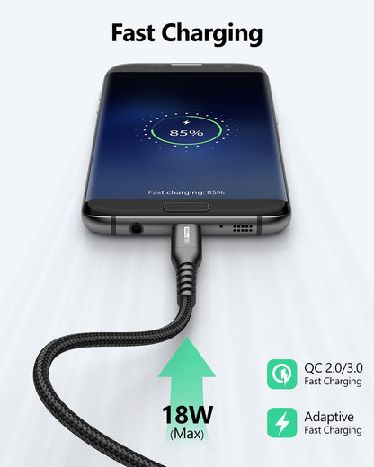 SUNGUY Micro USB Cable 10FT, 18W USB to Micro USB Cable Fast Charging USB 2.0 Data Transfer Nylon Braided for Samsung Galaxy S7 Edge S6, Power Bank, Android Phone, PS-Black