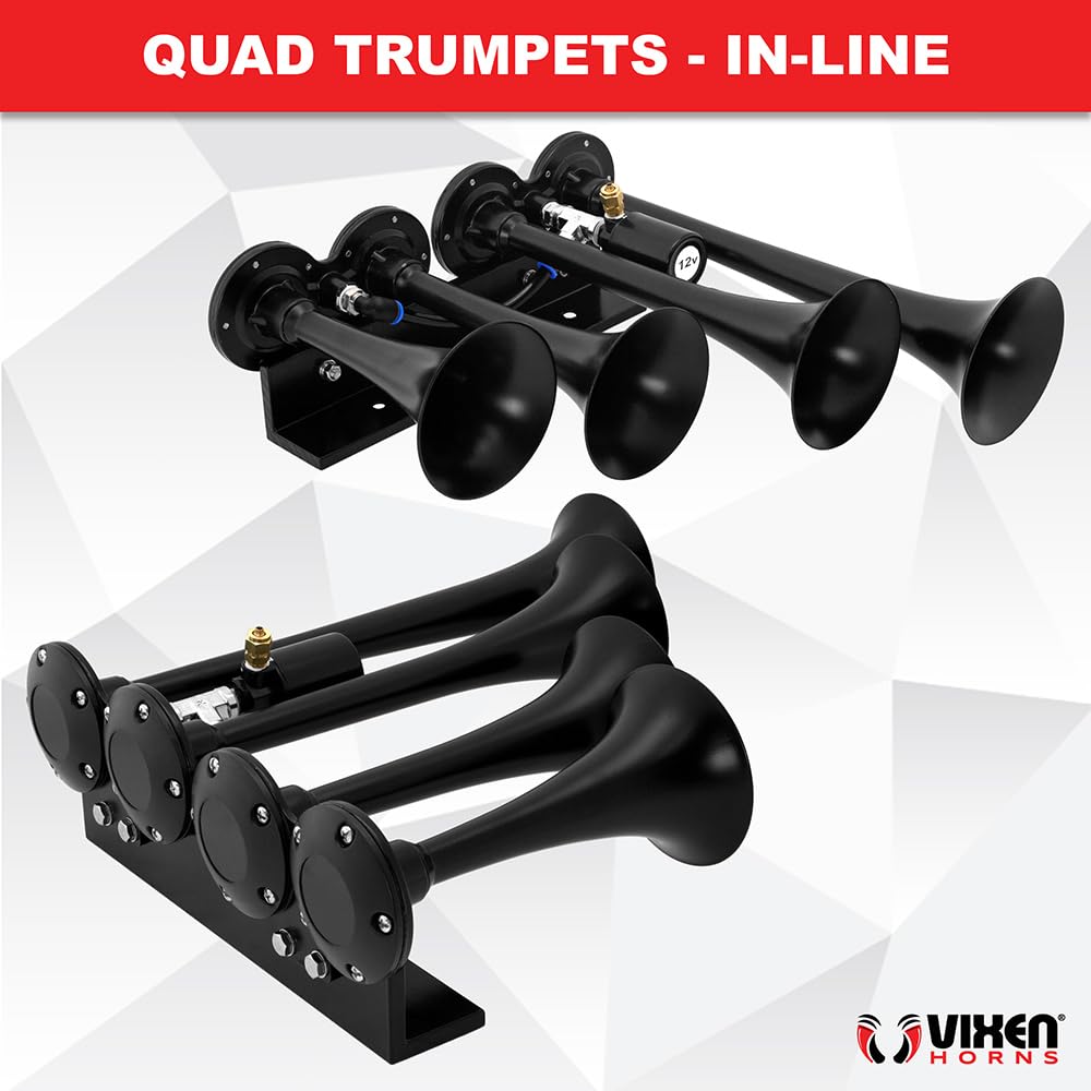 Vixen Horns Train Horn Kit for Trucks/Car/Semi. Complete Onboard System- 150psi Air Compressor, 1 Gallon Tank, 4 Trumpets. Super Loud dB. Fits Vehicles like Pickup/Jeep/RV/SUV 12v VXO8210/4124B