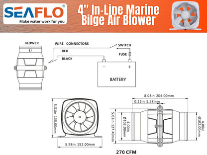 SEAFLO 4" In-Line Marine Bilge Air Blower 12V 270 CFM Quiet Boat White