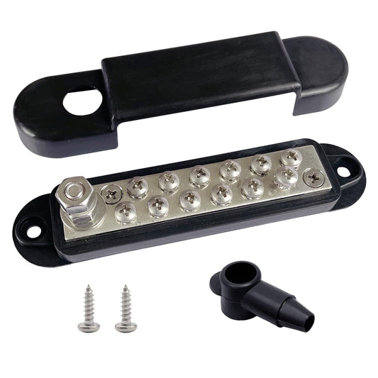 1/4" Stud & 12 x #8 Terminal Screws Ground Distribution Block Bus Bar, Ampper 5.3" 12V Nickle Plated Brass Battery BusBar Junction W/Cover for Auto Boat Solar and More (Black)
